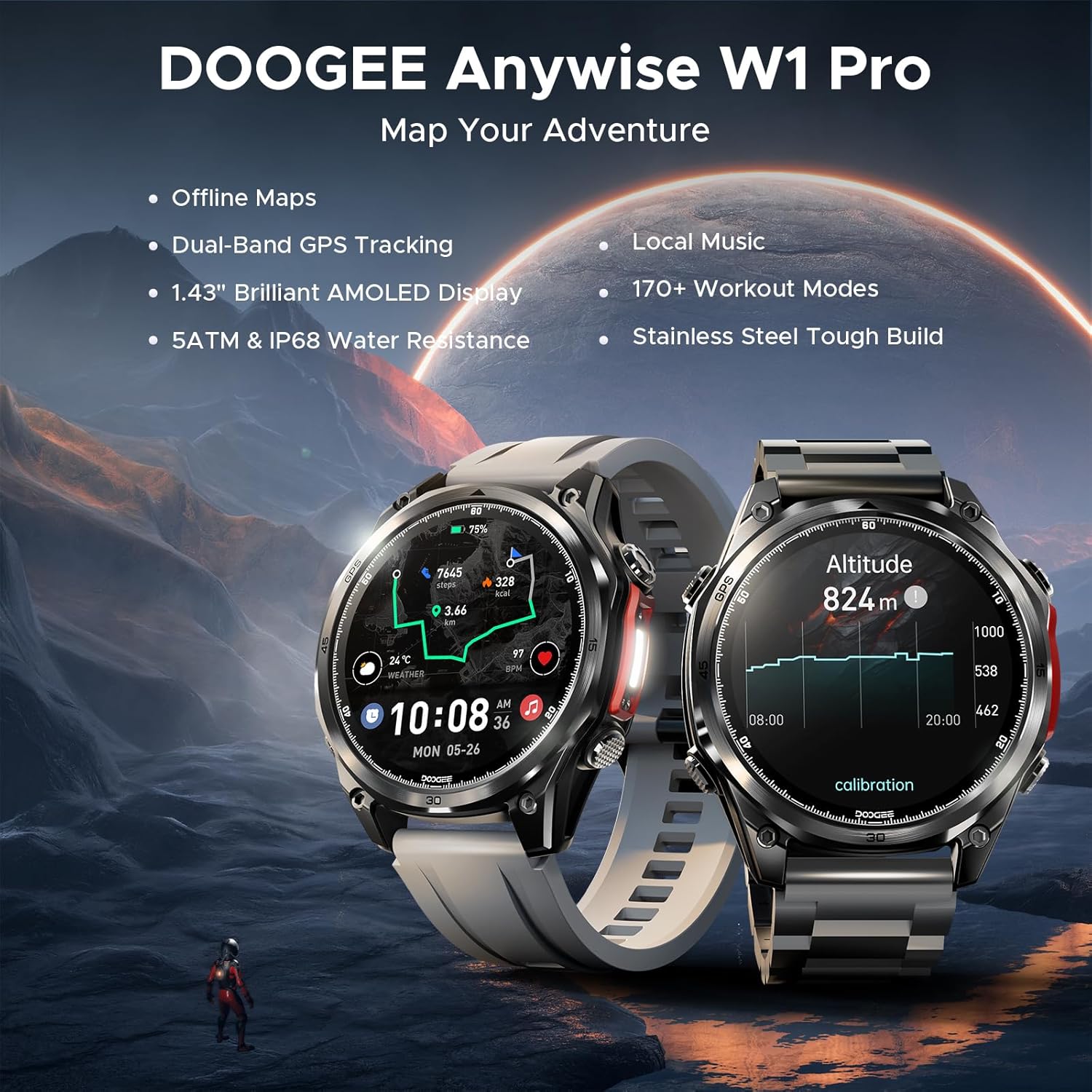 Contents of the DOOGEE Anywise W1 Pro Smart Watch box, including the watch, charging cable, and two watch bands.