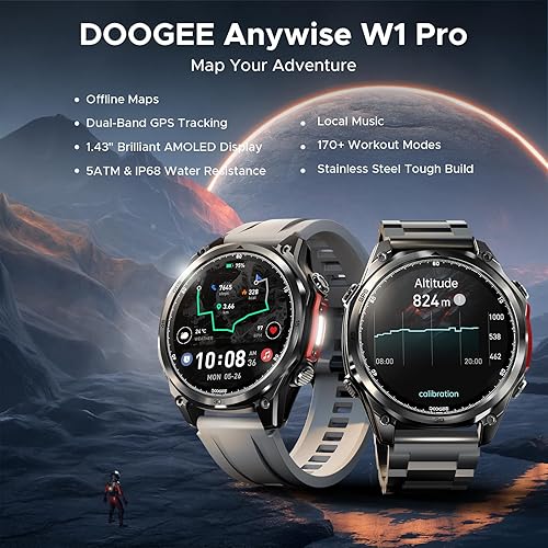 Miniatura 2 de DOOGEE Anywise W1 Pro - Reloj inteligente para hombre, 5 ATM de doble banda GPS sin conexión, relojes inteligentes de fitness de 1.43 pulgadas para