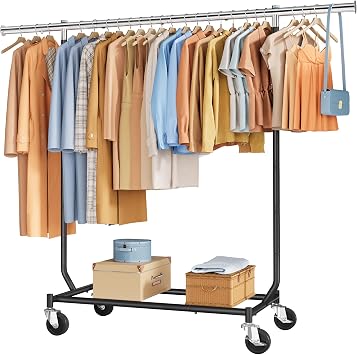 Tajsoon Folding Clothes Rack, Heavy Duty Clothing Rack with Wheels, Black | Metal Collapsible Garment Rack Load 300 LBS, Rolling Rack Adjustable Height for Bedroom, Living Room, Laundry Room and Store