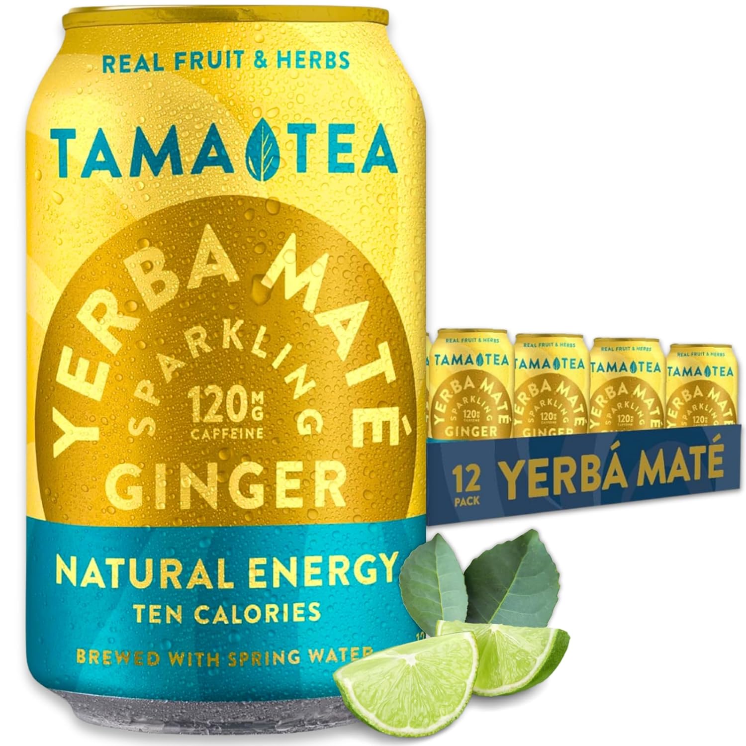 Organic Sparkling Ginger Yerba Mate Tea, Unsweetened by Tama Tea - Sugar Free Energy Drink Alternative, 120mg Natural Caffeine, 12 oz (12-Pack)