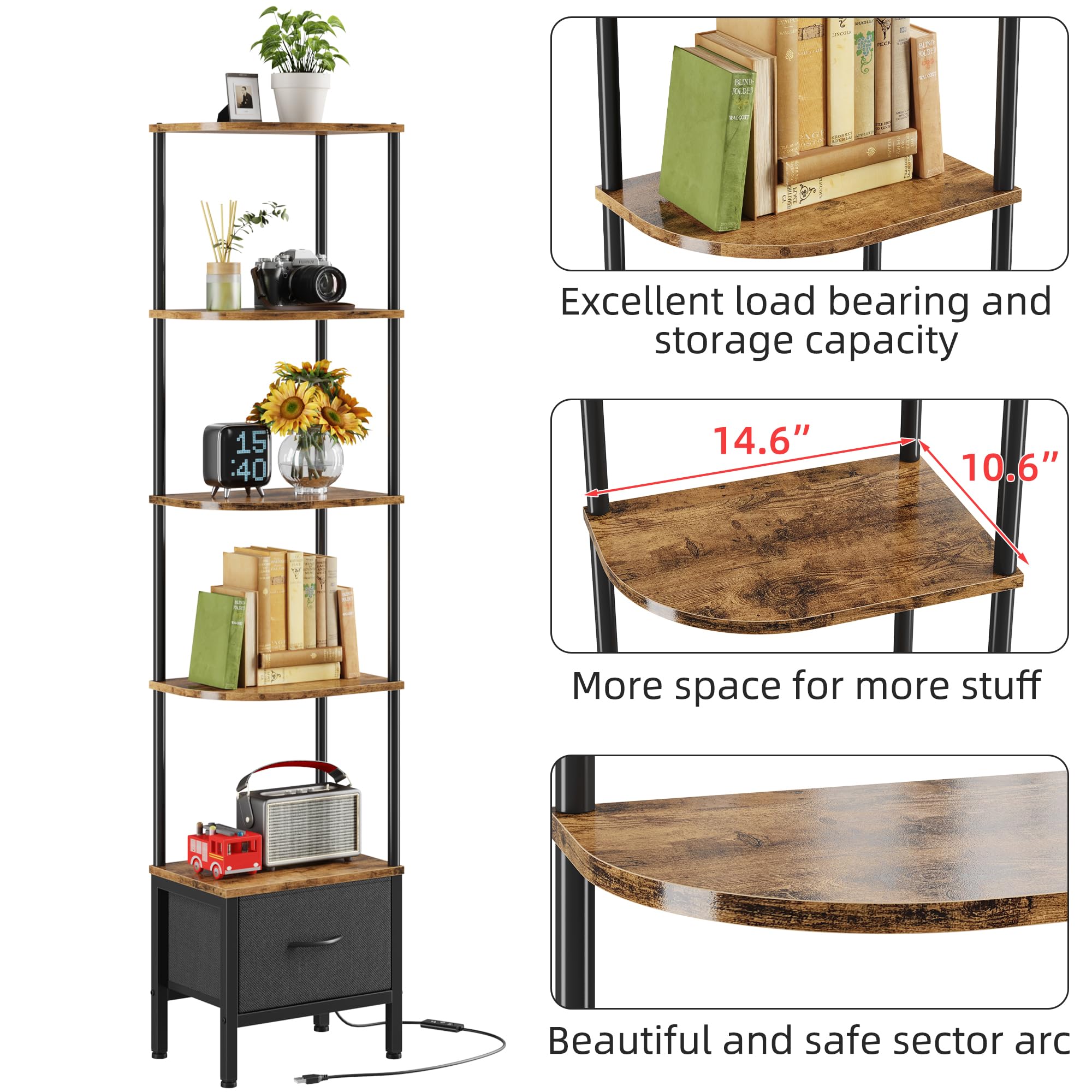 AFLUI 5-Tier Corner Shelf With LED Light & Fabric Drawer – 67" Tall Narrow Bookshelf For Small Spaces, Rustic Brown, For Living Room, Bedroom, Study - View #8