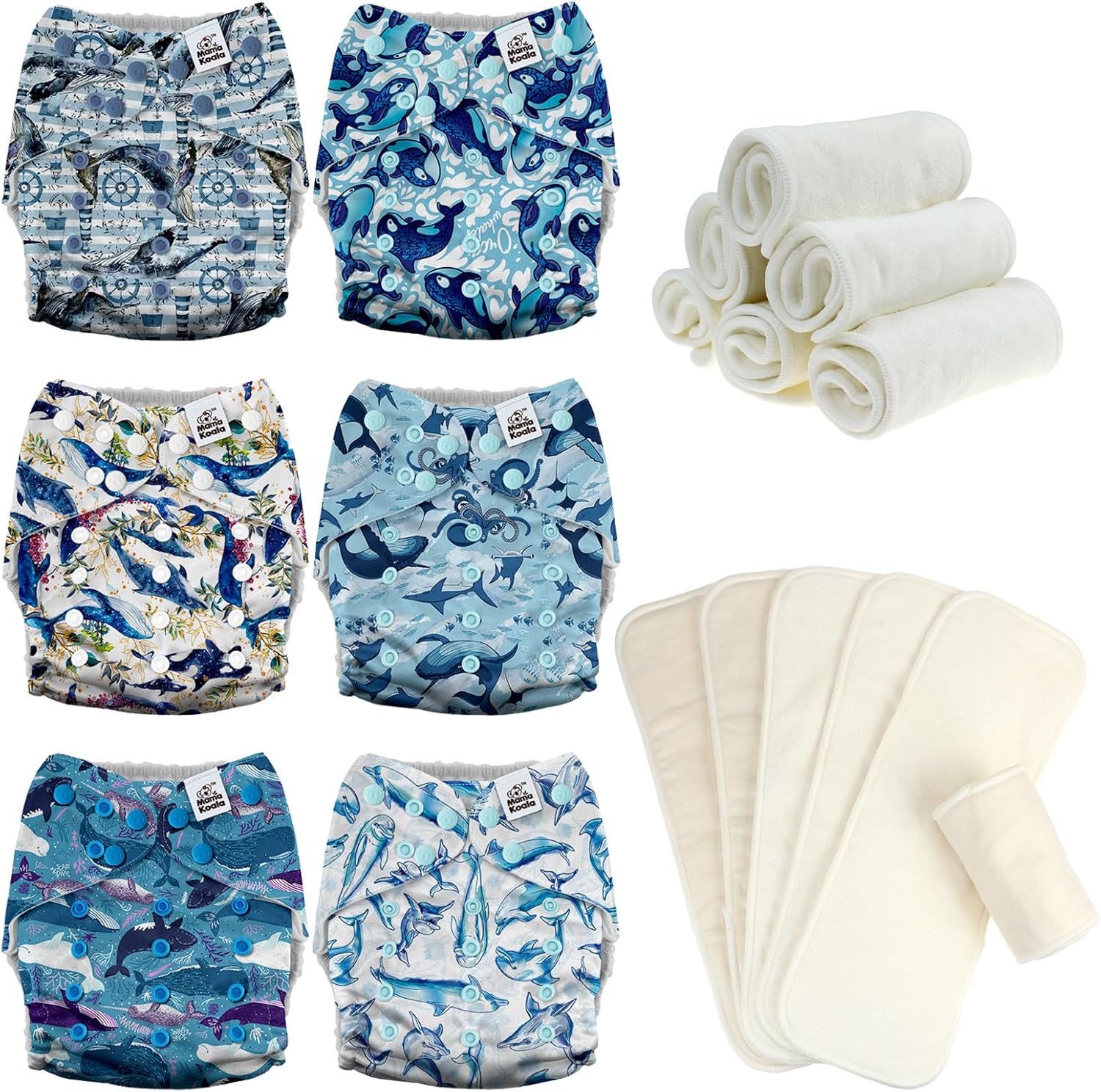 Mama Koala 3.0 Baby Cloth Diapers with 6 Inserts Bundle(Whales), with 6 Pack 6-Layer Bboo Hemp Cotton Inserts