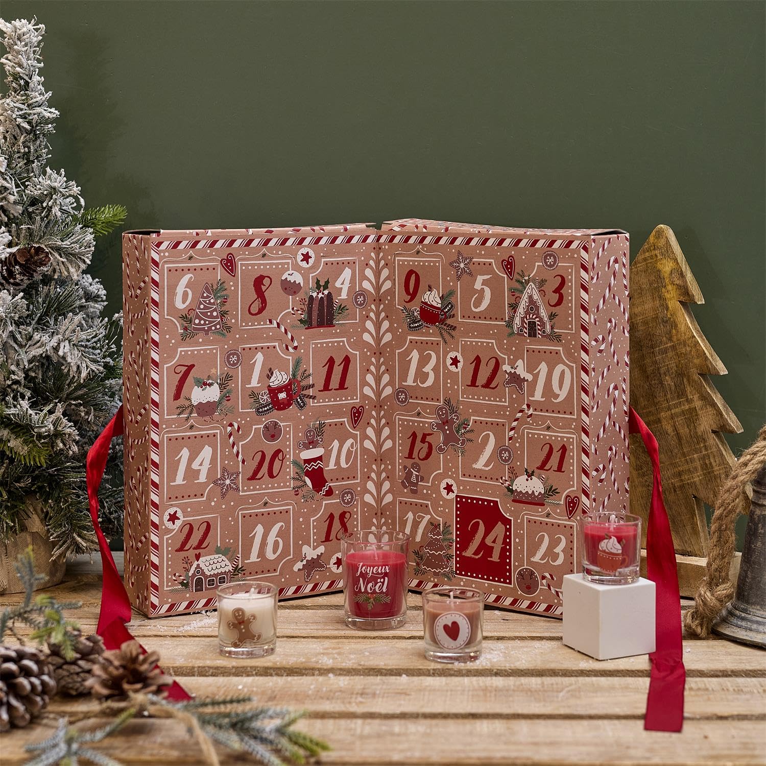 Luxuriöser Adventskalender mit 24 Duftkerzen – Aufklappbarer Weihnachts-Adventskalender für Erwachsene – Adventskalender mit Kerzen – Rot