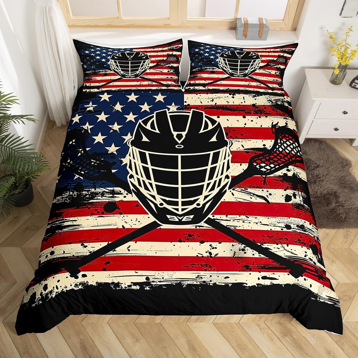 Manfei Kids Lacrosse Duvet Cover Set Twin Size, American Flag Comforter Cover with 1 Pillowcase, Sports Gaming Theme Bedding Set 2pcs for Boys Girls White Star Stripe Bedspread Cover,No Comforter
