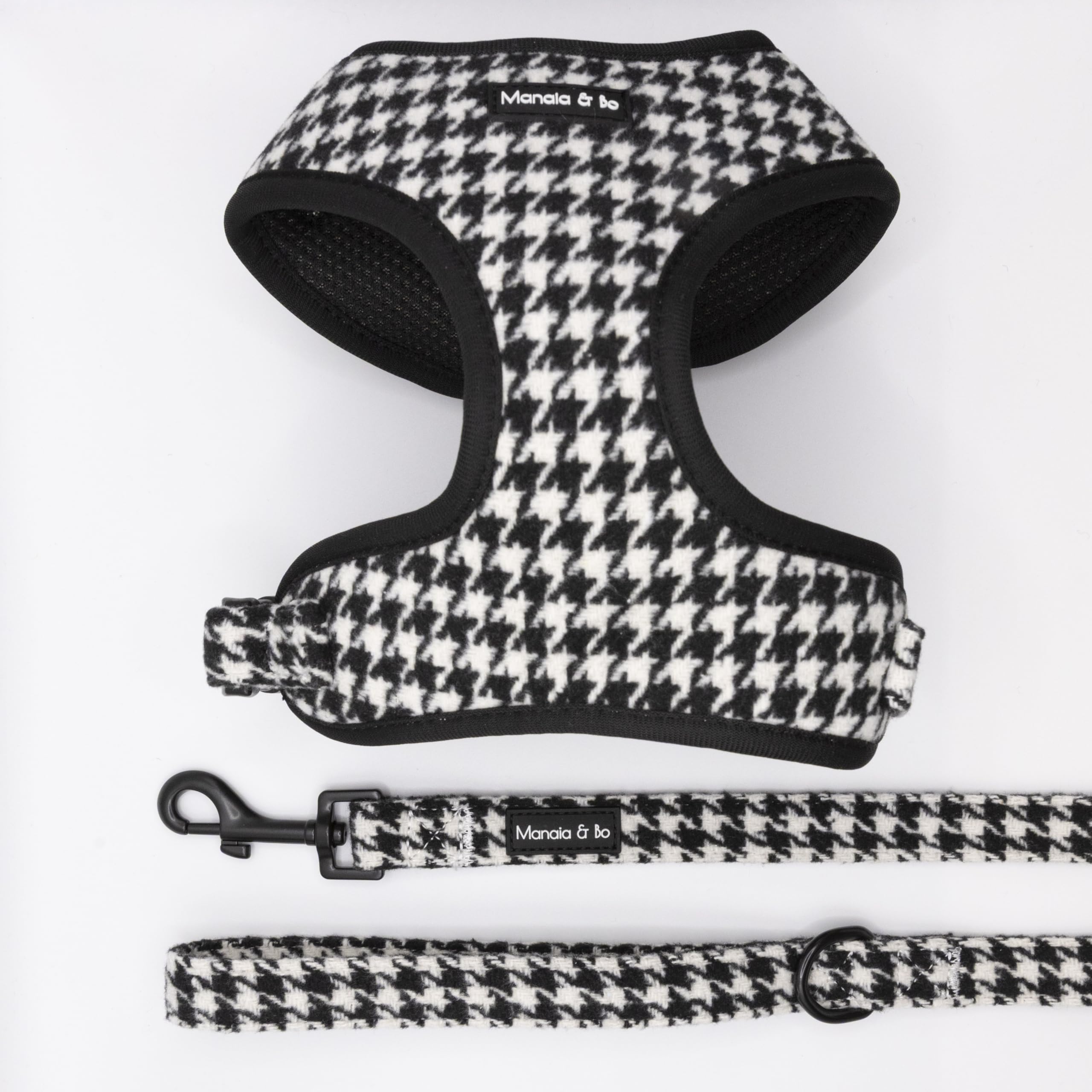 Premium Quality Adjustable Classic Houndstooth Tweed Dog Harness Vest with 1.5m x 2cm Fixed Length Lead/Leash | Neck: 35-44cm, Chest: 41-54cm (Small, Harness & Lead)