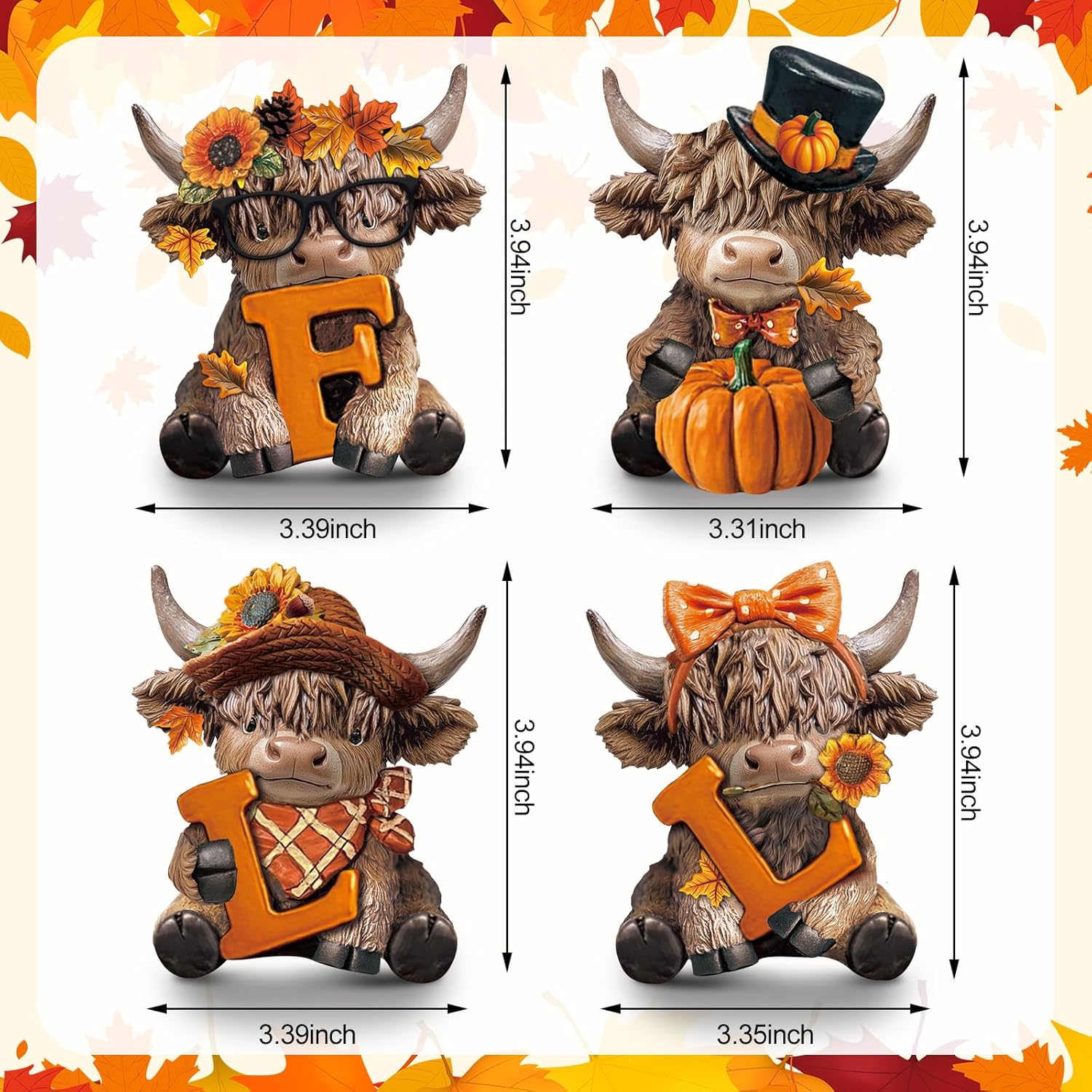 Sosation 4 Pcs Fall Highland Cow Figurines Autumn Pumpkin Highland Cow Gnomes Maple Leaf Scottish Resin Statue Calf Lovers Gifts for Thanksgiving Home Garden Kitchen Office Tiered Tray Table Decor