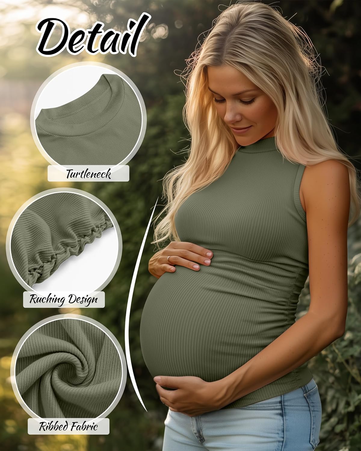 Riyiper 3 Pack 92% Cotton Mock Turtleneck Maternity Tank Tops, Ribbed Sleeveless Side Ruched Slim Pregnancy Shirts for Women - Image 5