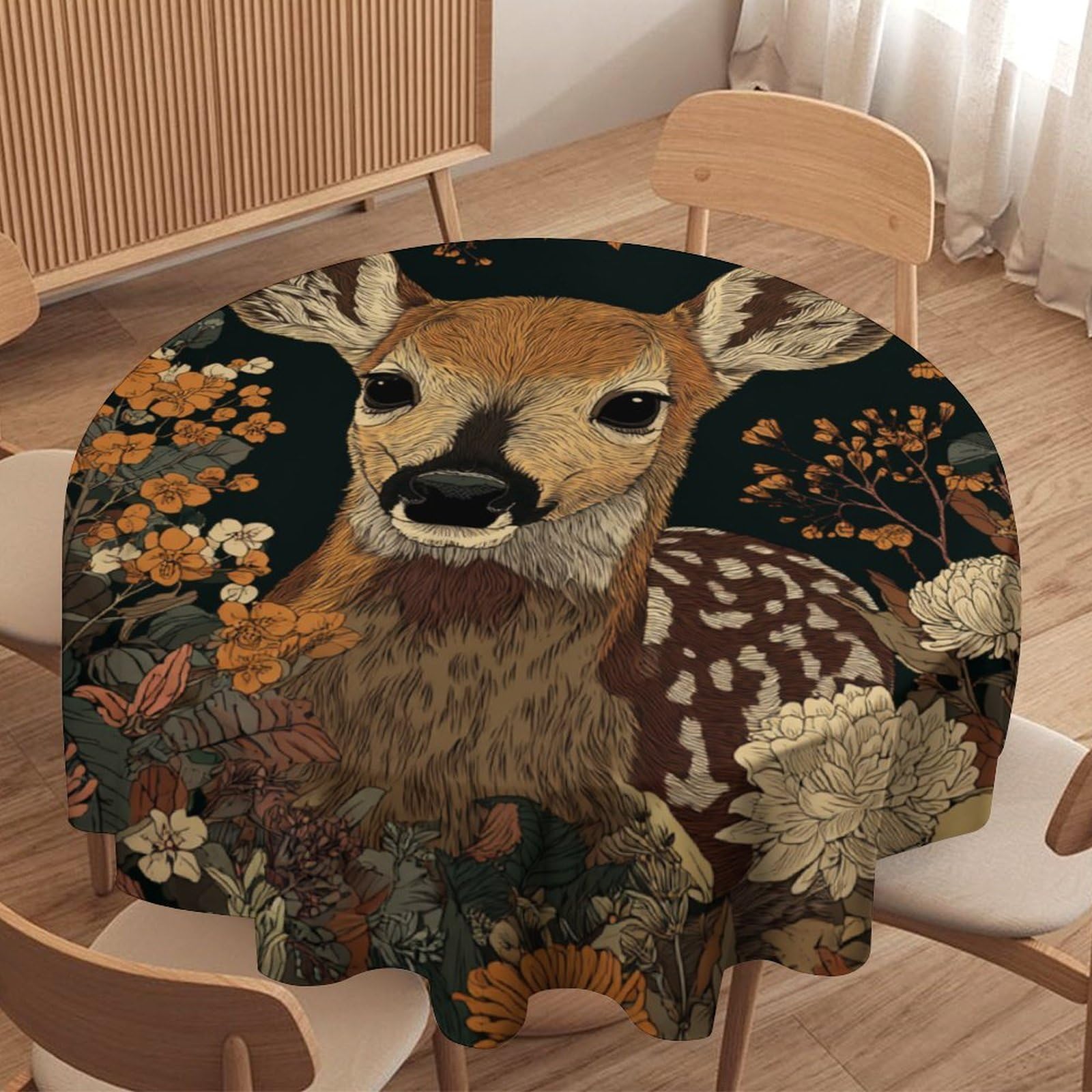 LUYYSKY Classic Antique Cute Deer Waterproof Round Tablecloth Oil Painting Aesthetic William Morris Botanical Floral Animal Elk Washable Table Cover for Kitchen-177.8" Wx177.8 L cm
