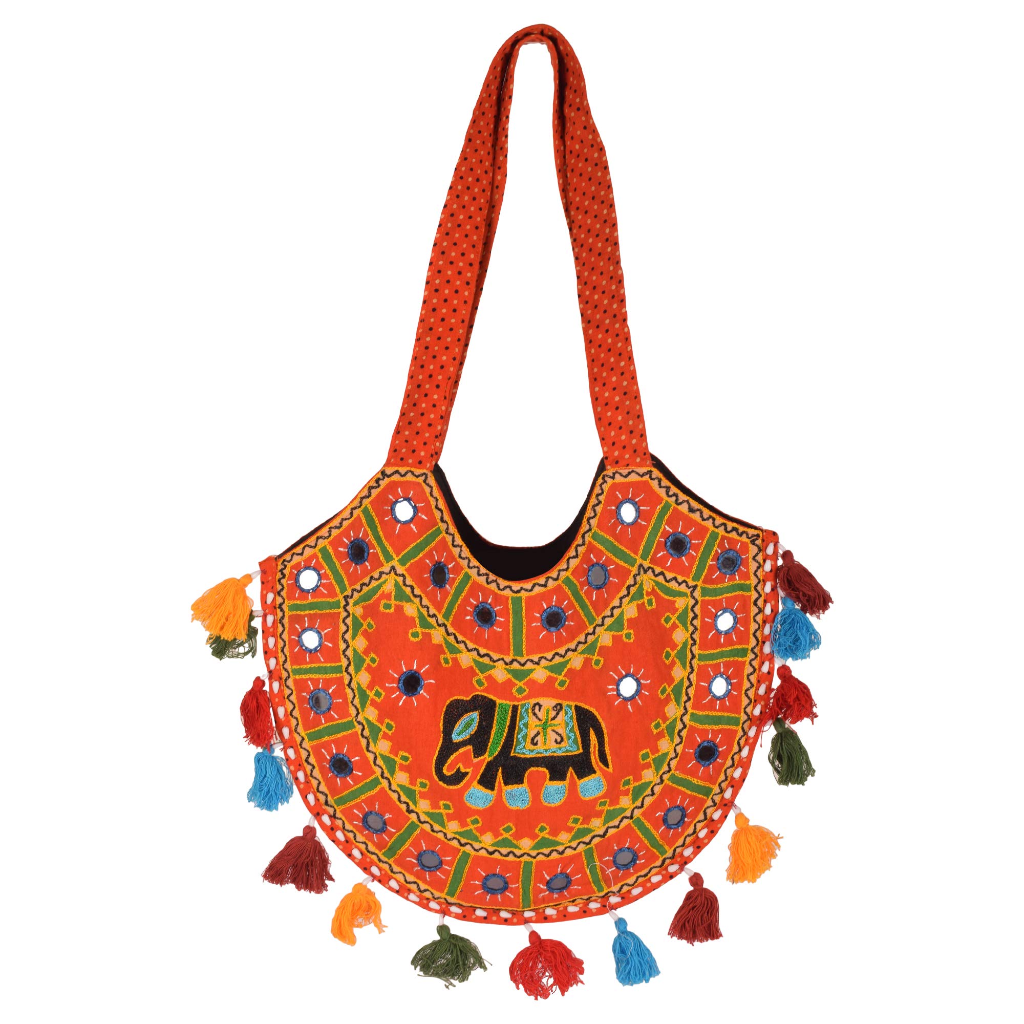 Tribes India Rajasthani Tribal Handmade Red Cotton With Embroided Resham Dori Shoulder U-Shaped Handbag (Babal Resham Elephant) (1STXBAGRJ00104_0)