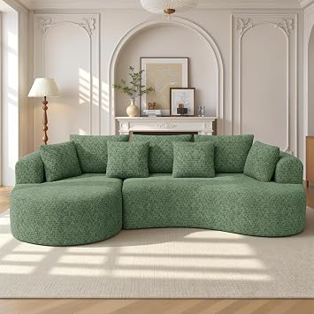 Luxanimarion 124" Curved Modular Sectional Sofa Oversized, L-Shape Boneless Couches for Living Room with Deep Seat and 7 Pillows, High-Density Memory Foam, Green Chenille Fabric, No Assembly Required