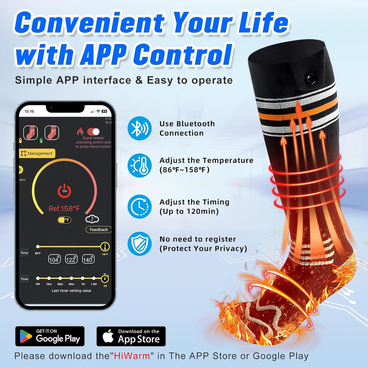 Heated Socks for Men Women, 5000mAh Upgrade Rechargeable Electric Battery Heating Socks with APP Control, Foot Warmer Washable for Hunting Camping Skiing Sports Outdoor Work - Image 2