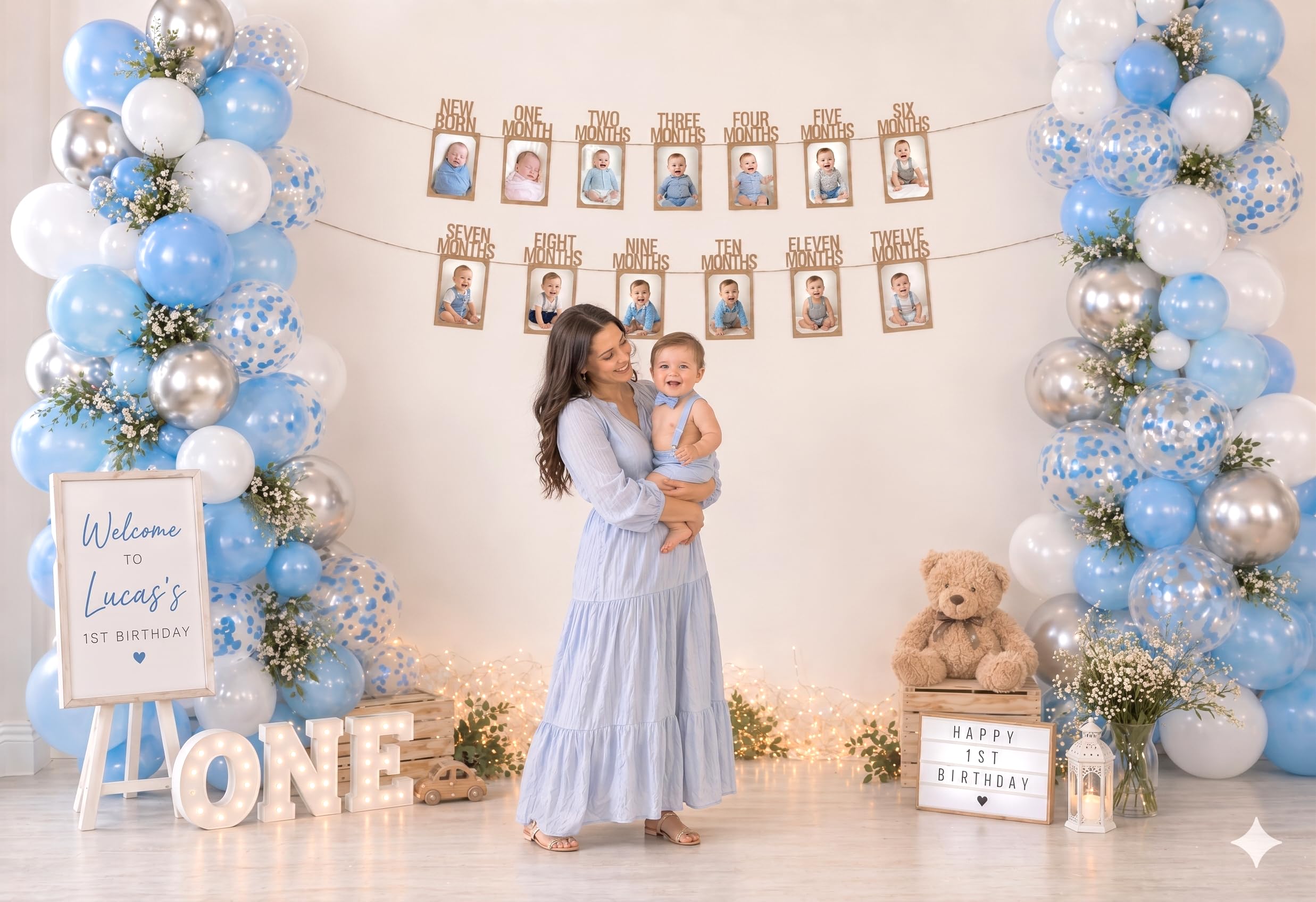 PartyHooman Baner fotograficzny na 1. urodziny dla dziecka od noworodka do 12 miesięcy, dekoracje na pierwsze urodziny, dla chłopca lub dziewczynki, miesięczna girlanda z kamieniami milowymi, baner na