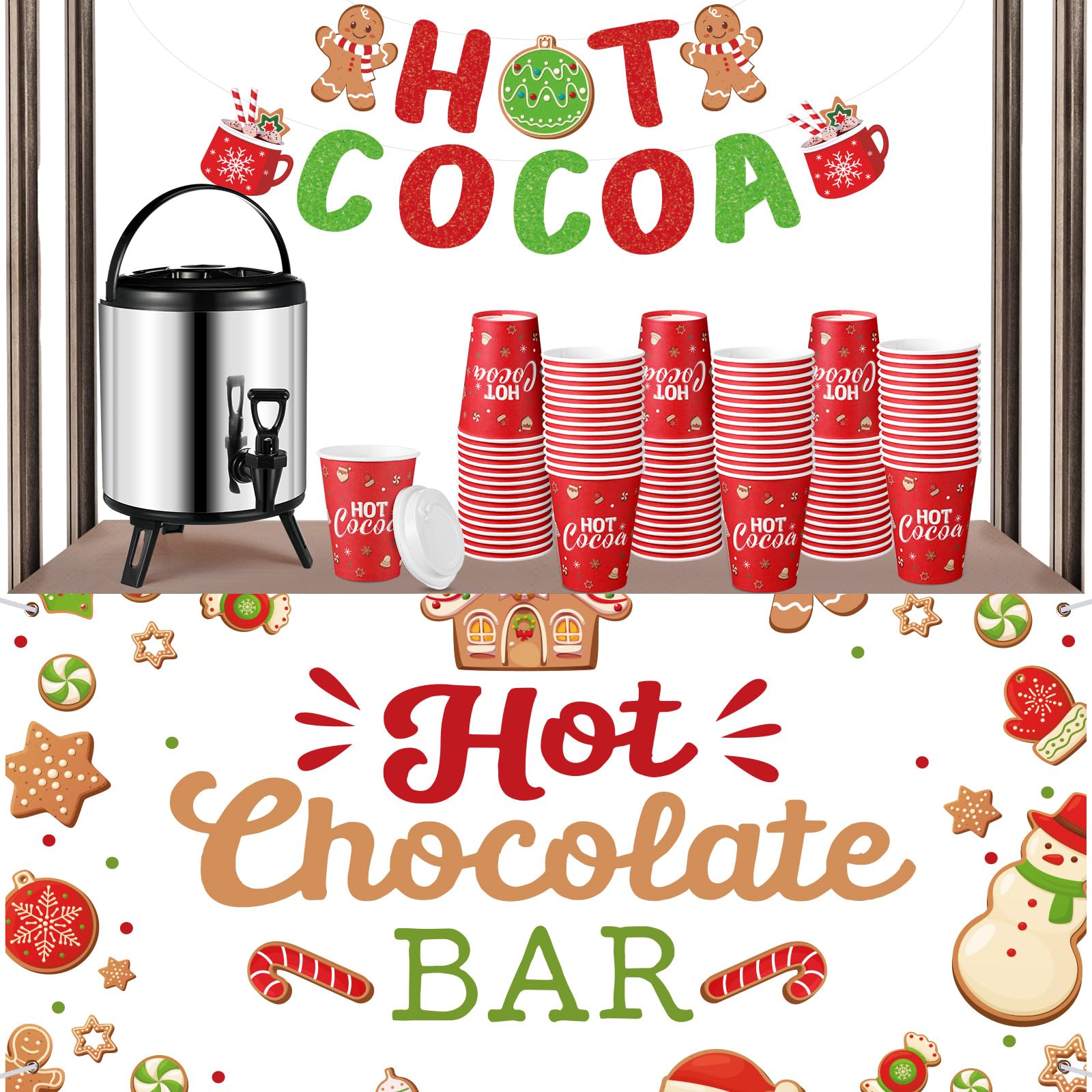 sliner 103 pcs hot chocolate stand bar supplies kit include 1.3 gallon hot cocoa drink dispenser, banner sign, tablecloth, 100 disposable paper cups with lids for christmas winter party(multicolor)