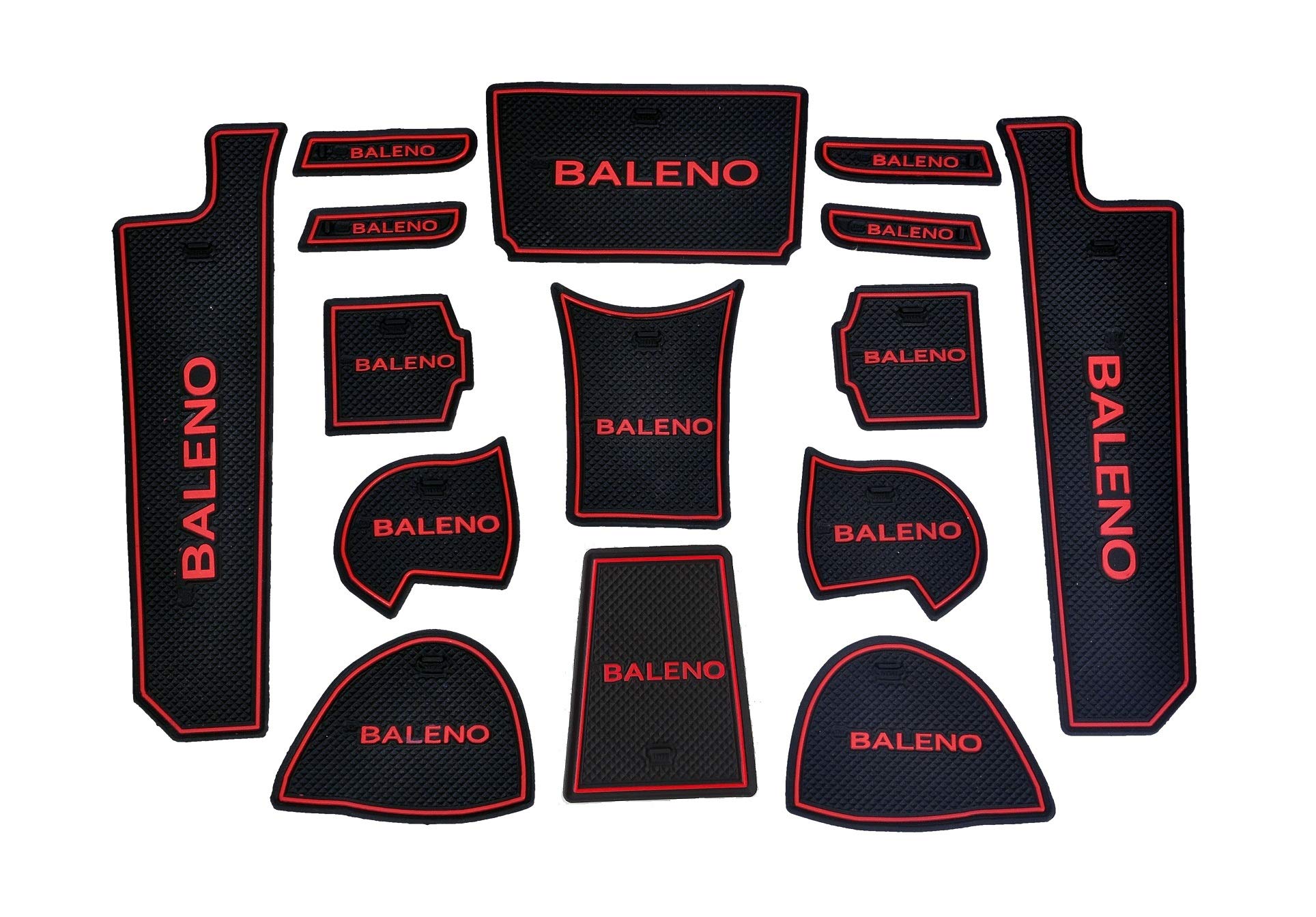 Car Drome - The Mat StoreRubber Car Drome Door Pocket Holder Mats Compatible With Maruti Suzuki Baleno (For Models From 2015 To 2021) | Set Of 15 Mats | Interior Car Accessories (Red Trim)