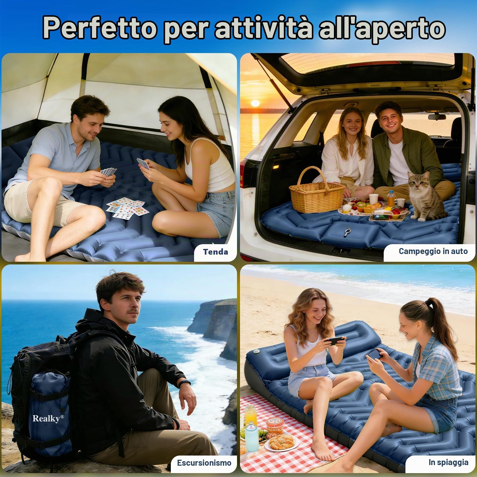 Materassino da campeggio, gonfiabile, per 2 persone, gonfiabile, per esterni, con pompa a piedi, compatto, ultraleggero, impermeabile, per escursioni, spiaggia, tenda