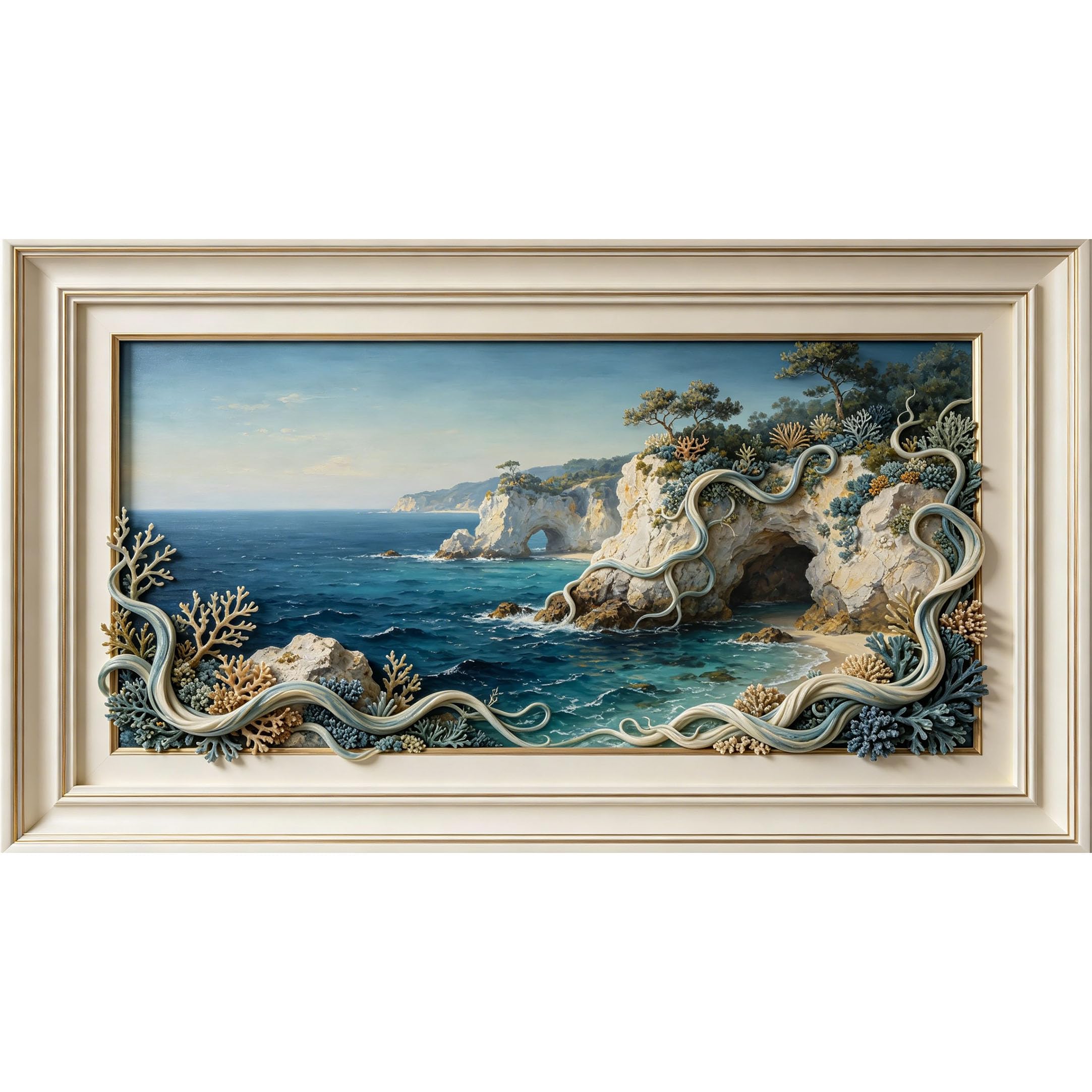 QZLITHOTIC 50x90cm3D Framed Wall Art， Coastal Ocean Cliff Coral Landscape Self‑Adhesive Mural， Water‑Activated Peel & Stick Fabric Decor Wall Decal for Bedroom Living Room
