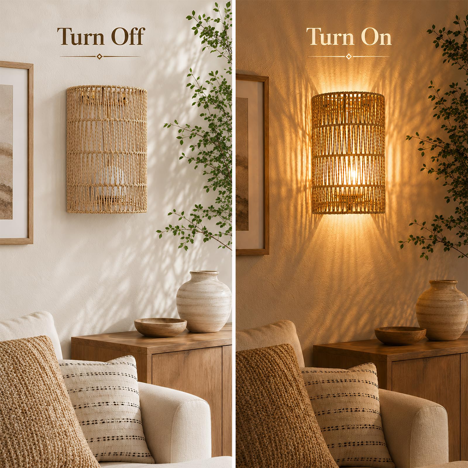 2 Stück Boho Rattan Wandleuchte Innen Akku, Wandlampe mit Fernbedienung RGB Dimmbare Nachttischlampe Vintage Bambuslaterne Lampe ohne Stromanschluss für Schlafzimmer Wohnzimmer Treppen Flur