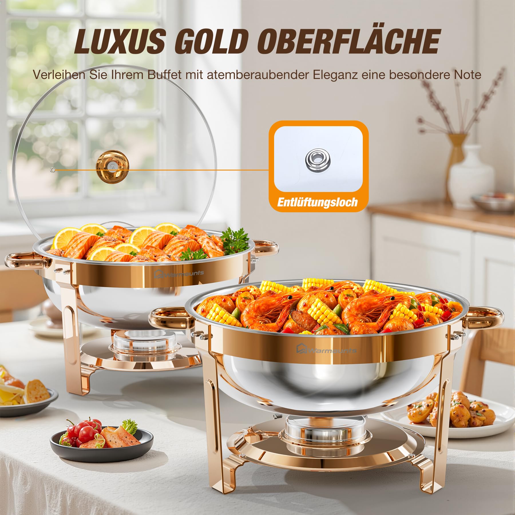 WARMOUNTS Chafing Dish Buffet 5L 2er Set Rose Gold, Rund Speisenwärmer für Catering mit Glasdeckel & Deckelhalter, Stapelbar Hochglanzpoliert Edelstahl Lebensmittelecht für Feiern, Hochzeit, Events