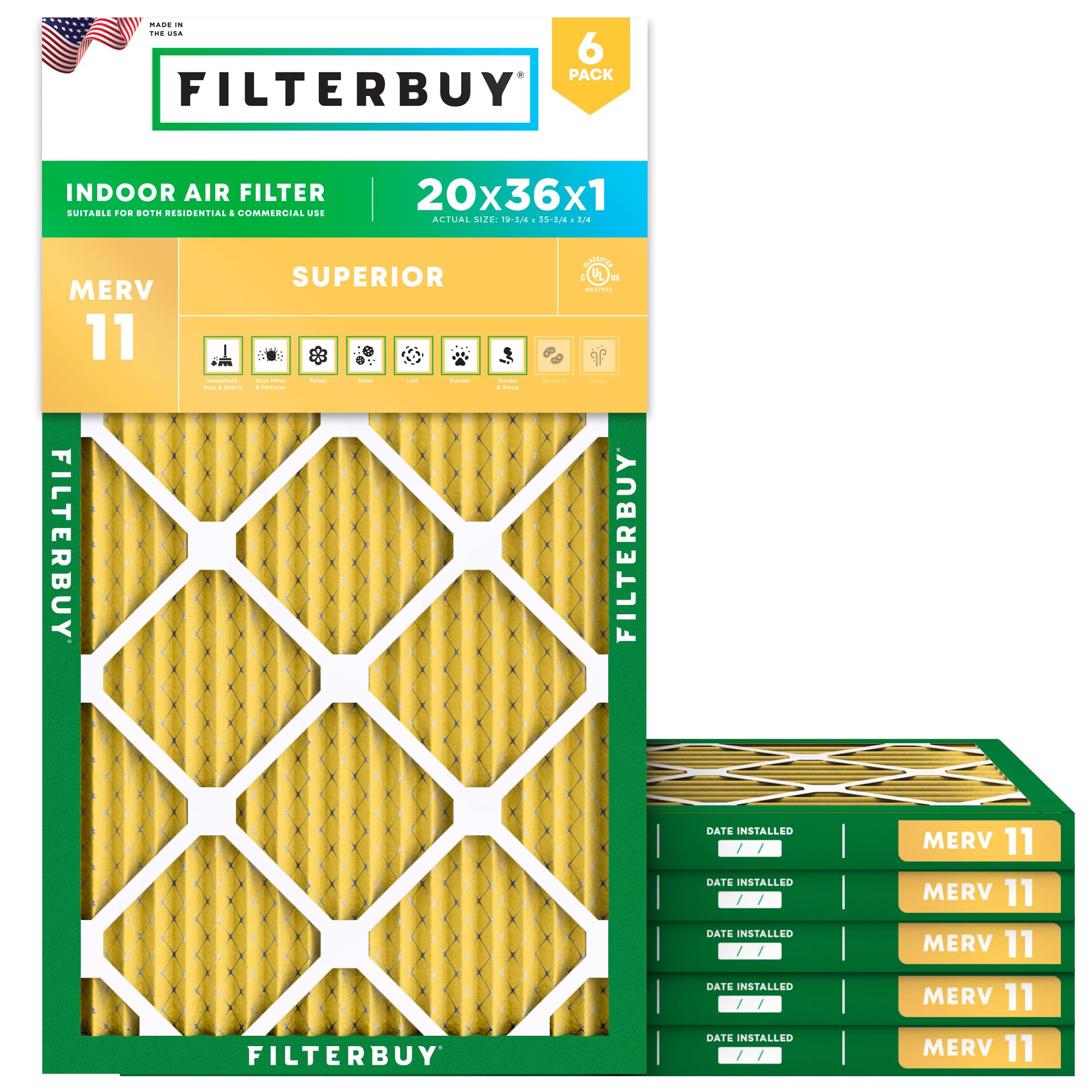 Filterbuy 20x36x1 Air Filter MERV 11 Pet &amp; Allergy Defense (6-Pack)
