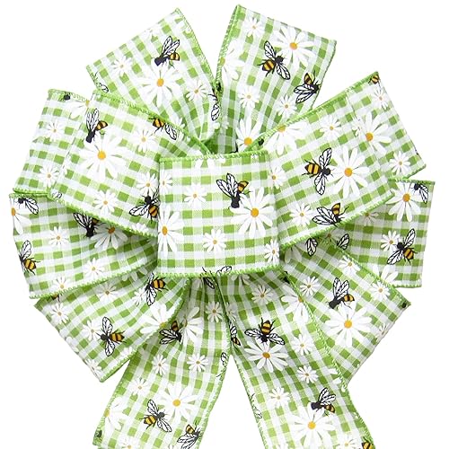 Miniatura 3 de 10" Lime Green Gingham Bees and Daisies Wreath Bow by Alpine Holiday Bows - Spring Bows for Wreaths, Lanterns, Signs, Gifts, Baskets, Decorations