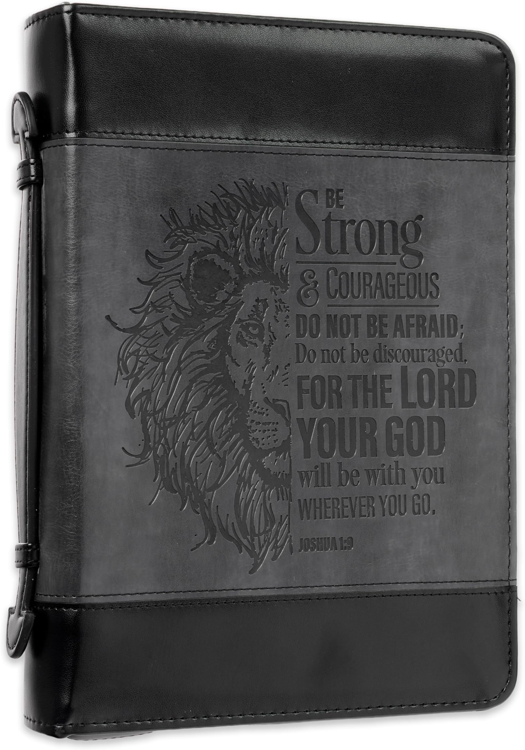 Christian Art Gifts Classic Faux Leather Bible Cover for Men and Women: Be Strong and Courageous - Joshua 1:9 Inspirational Bible Verse with Lion, Gray and Black, Medium