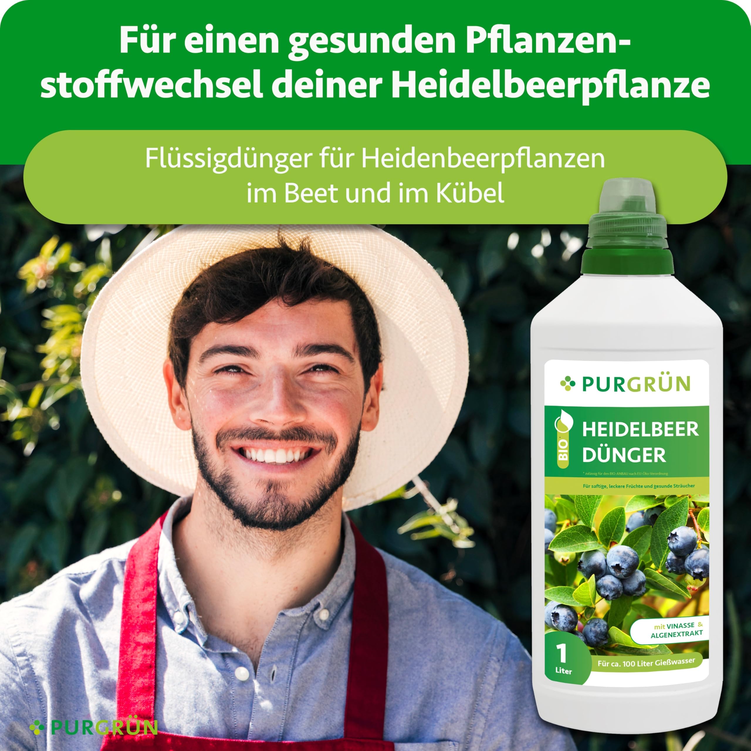 Bio-Heidelbeerdünger 1 Liter – Organische Rezeptur – Premium-Flüssigdünger – NPK 4+1+7 – Mit Algenextrakt & Vinasse – Kalium für aromatische Heidelbeeren – Ohne tierische Inhaltsstoffe