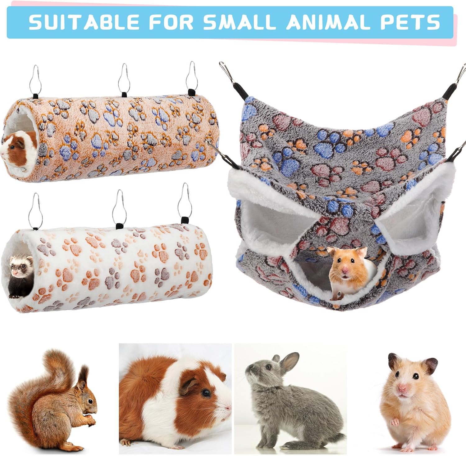Abbylike 9 Pieces Rat Hammock 3 Tier Guinea Pig Ferret Hammocks Small Pet Hanging Tunnel Glider Toy Guinea Pig Ferret Hideout Bed Cage Accessories for Hamster(Light Brown, White, Black,Paw) 5 8140jJu3S1L. AC SL1500