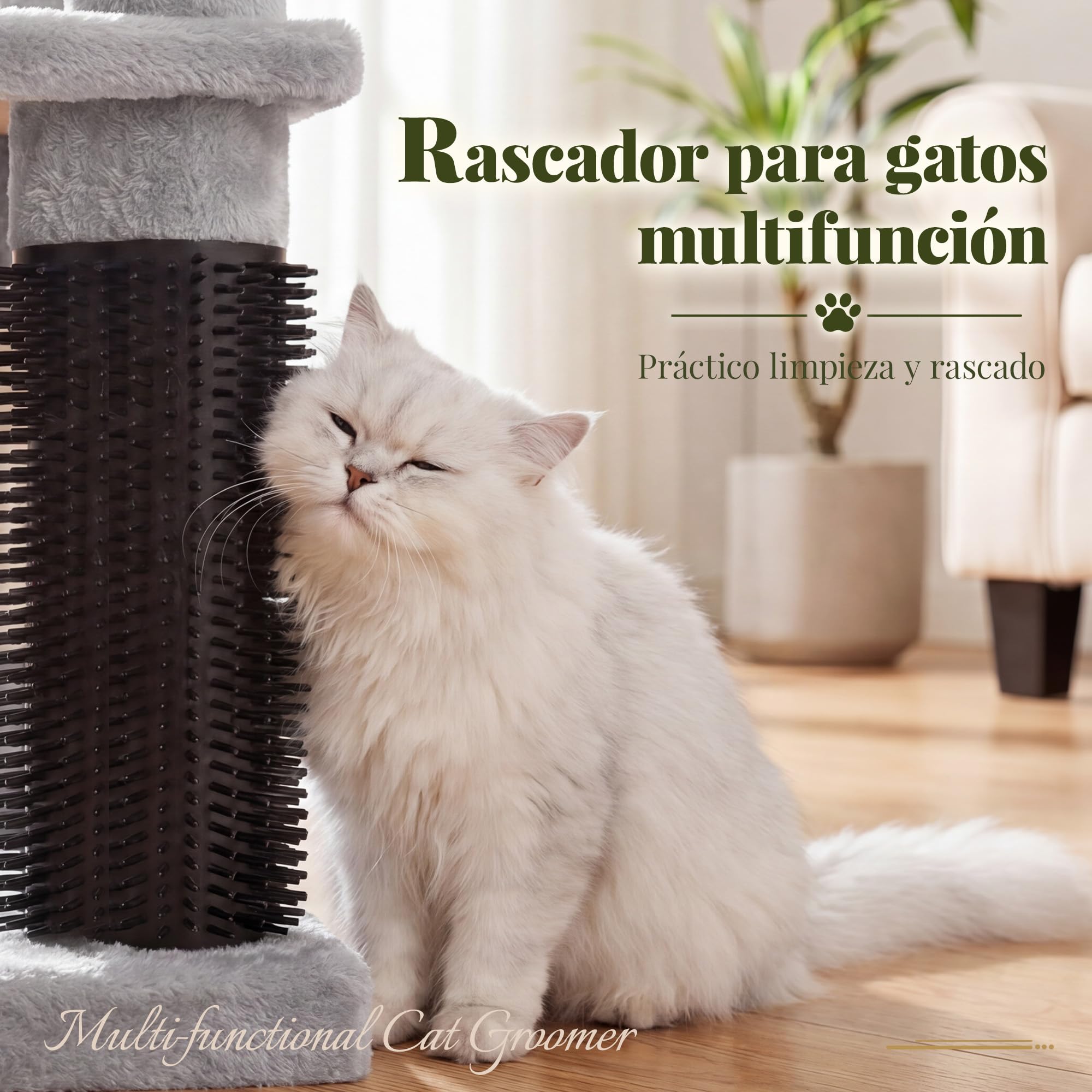 Hey‑brother Rascador para Gatos, Diseño Escalonado, 2 Cuevas, MPJ061W | 130cm Árbol para Gatos, 2 Plataformas, Cesta, Cepillo para Mascotas, para Gato de Interior, Gris Claro