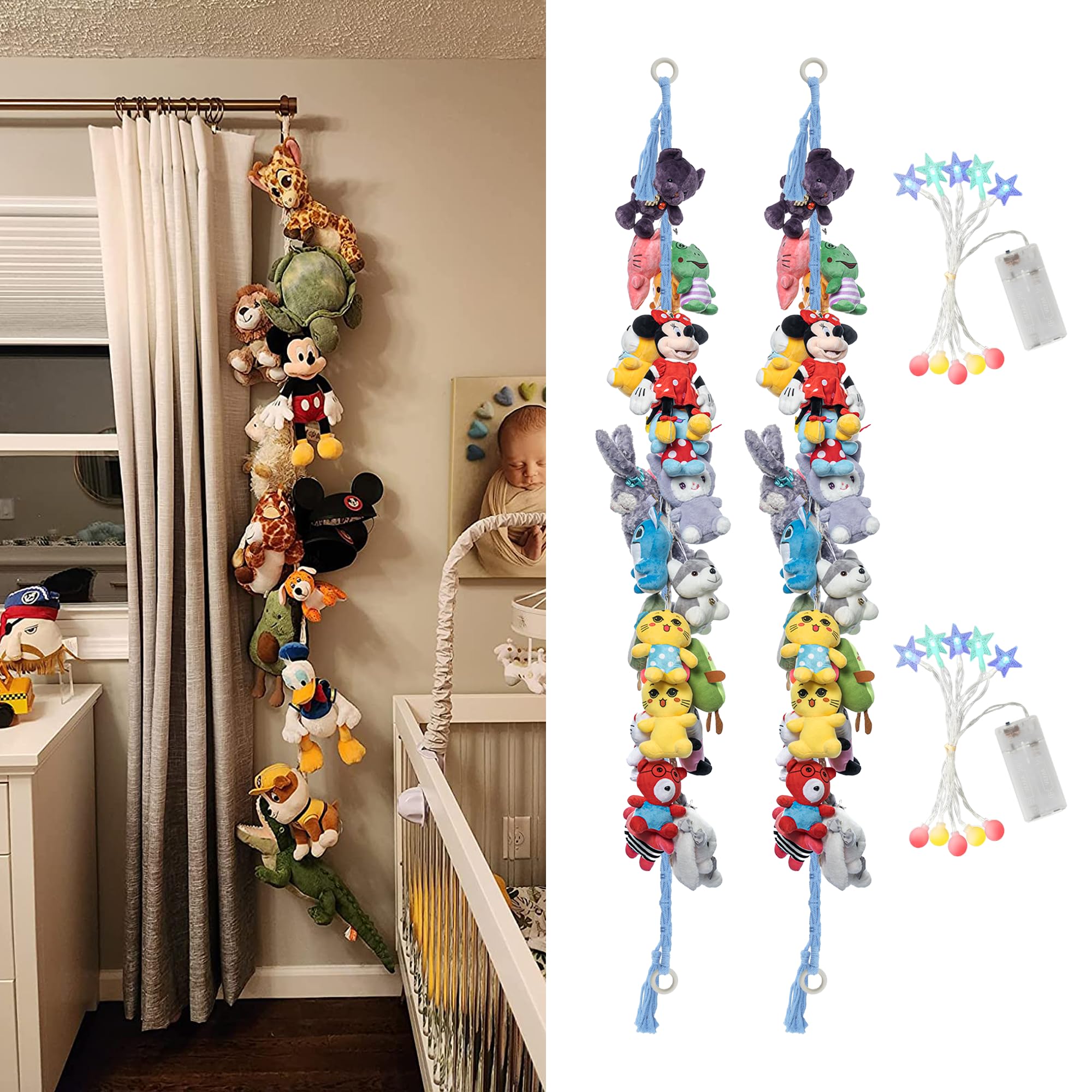 2PCS Stuffed Animals Storage Chain Organizers 80" Cotton Hanging Storage Chain with 2Pcs Led Light 40 Metal Clips Stuffed Animal Display Holder Chain for Nursery Play Room (Blue)