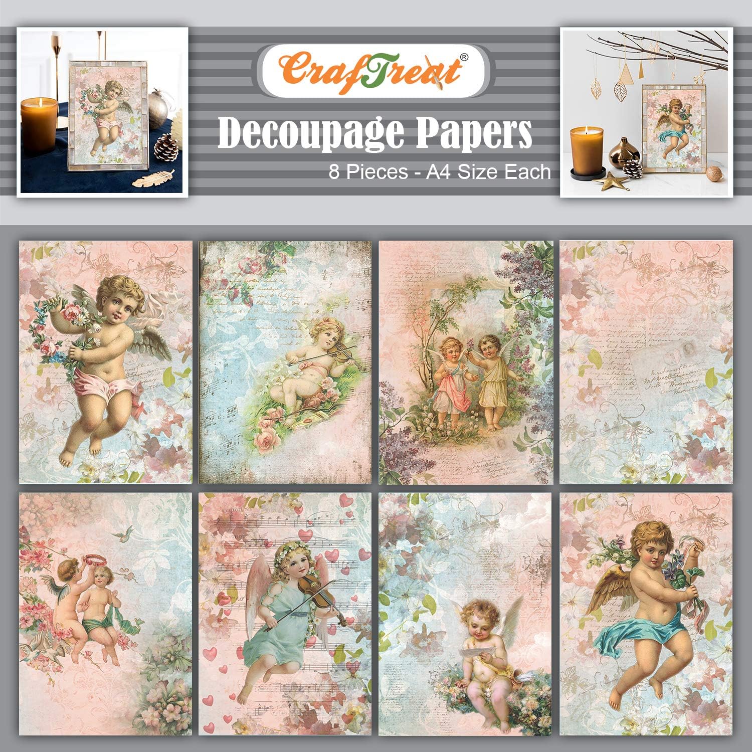 CrafTreat Angel Decoupage Paper A4 (8.3 x 11.7 Inch) – 8 Sheets Angel Set I & II Decorative Printed Craft Paper for Furniture, Scrapbooking, Collage & DIY Home Décor