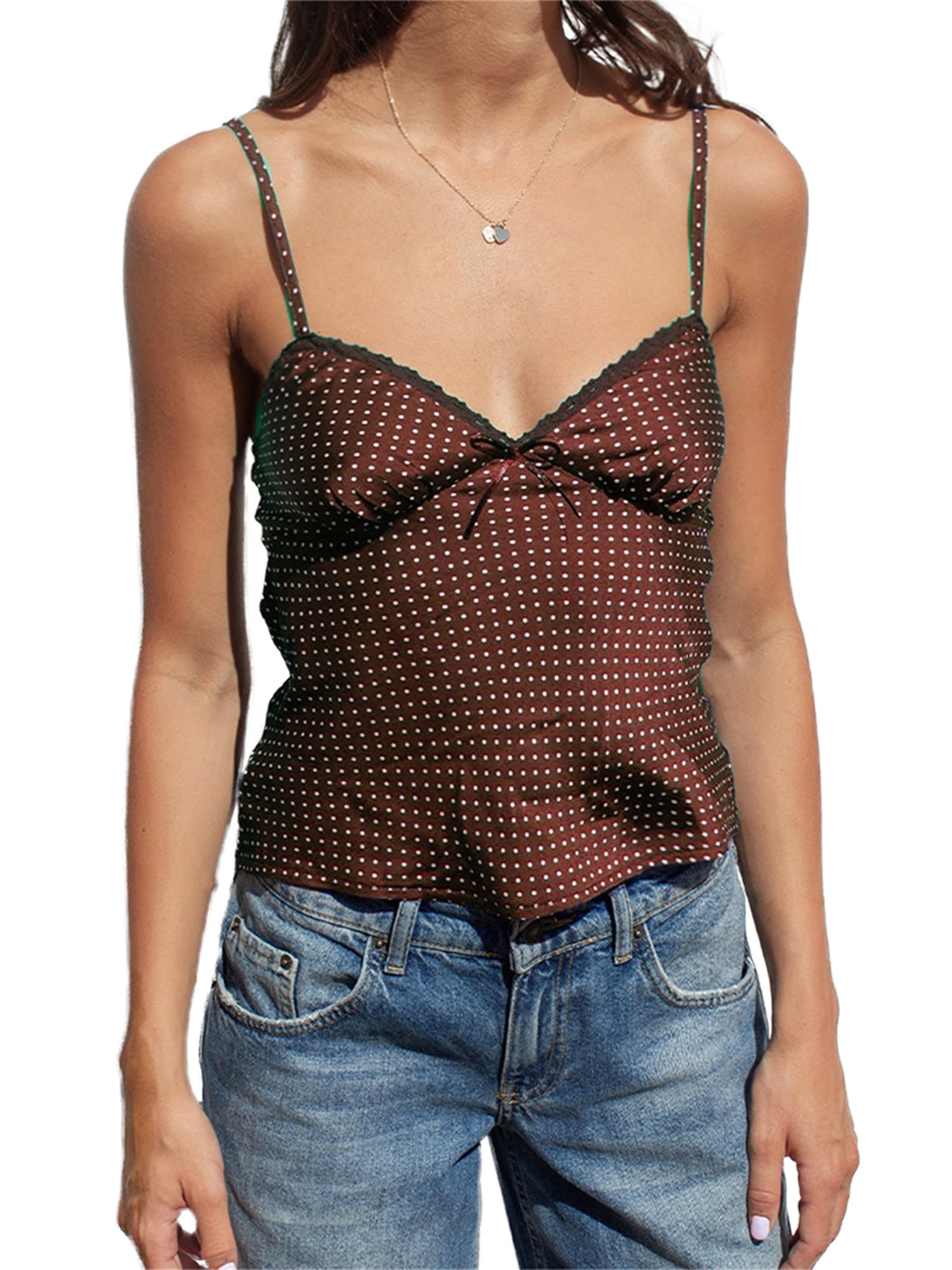 Sexy Outfit Top de Tirantes Y2K con Encaje de Lunares, Cuello en V, Correa de Espagueti, Ajustado, sin Mangas, para Verano, Casual, para Salir