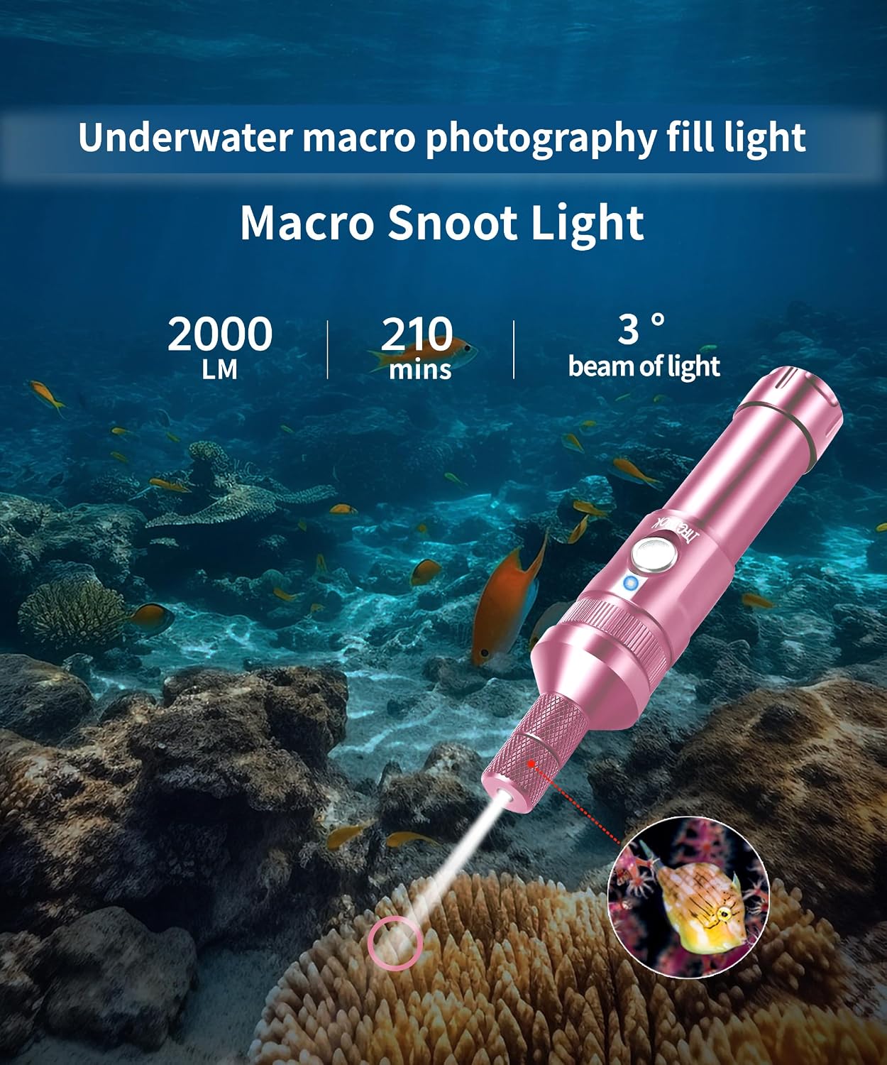 Professional Dive Flashlight for Underwater Photography,3 Adjustable Beam Angles (3°/24°/72°),IP68 Waterproof Certified,Macro Photo Fill Light/Night Diving Spotlight/Deep Diving Gear(Pink)