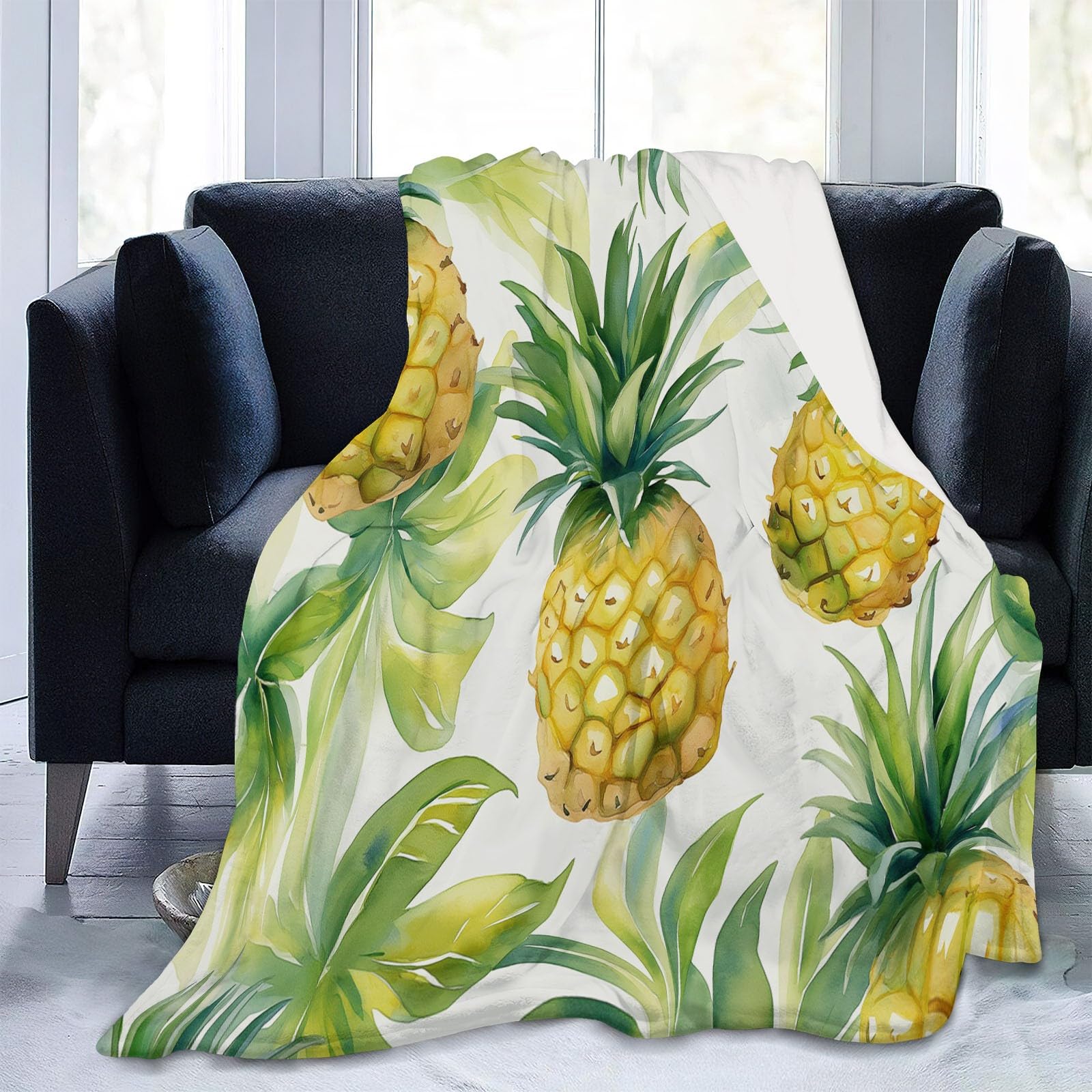 Manta de Forro Polar Amarillo Verde Suave y esponjosa, Manta cálida para Cama Piña Verde Acuarela Fresca y Dulce para Dormitorio Sala de Estar Oficina 180 x 220 cm