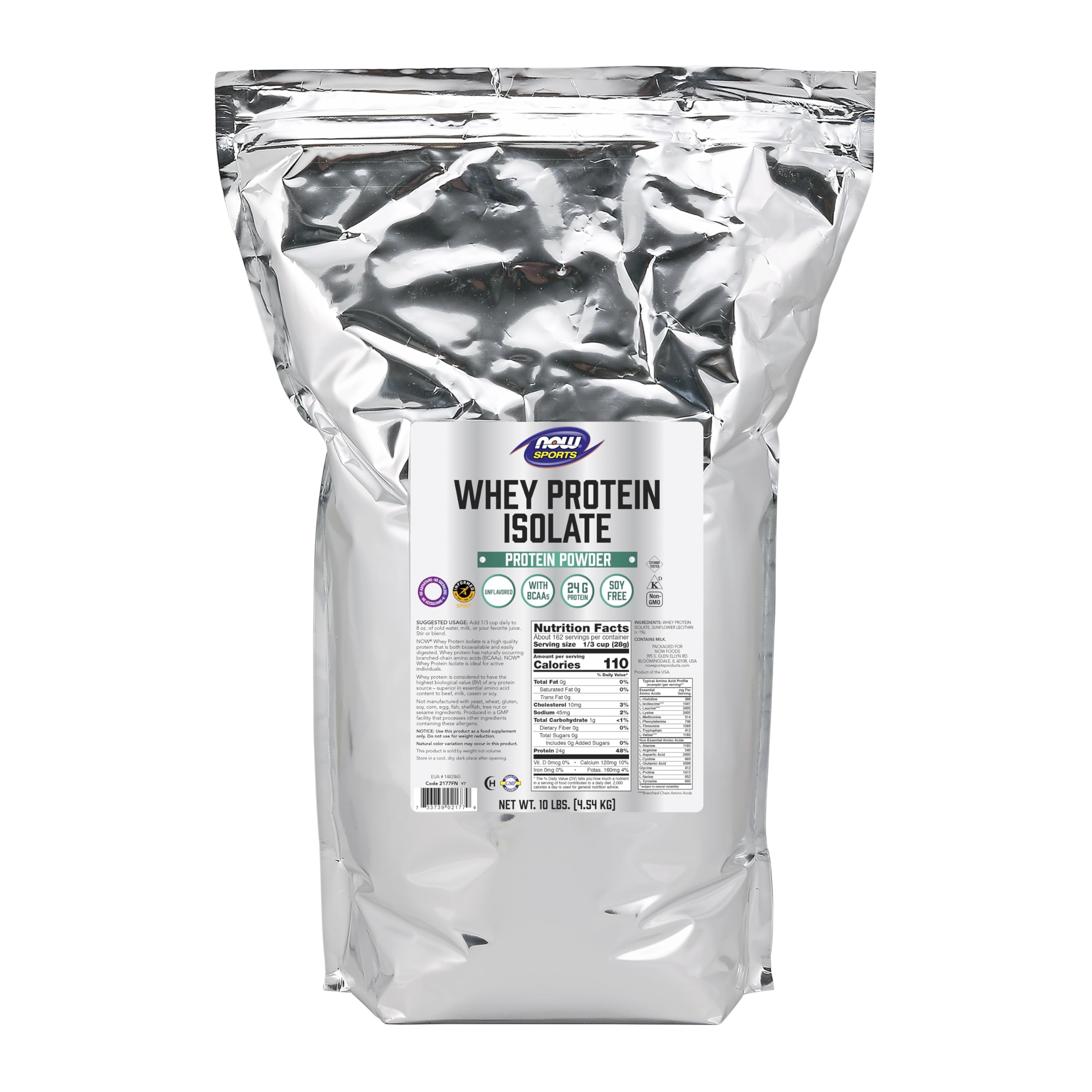 NOW Foods Sports Nutrition, Whey Protein Isolate, 25 g With BCAAs, Unflavored Powder, 10-Pound