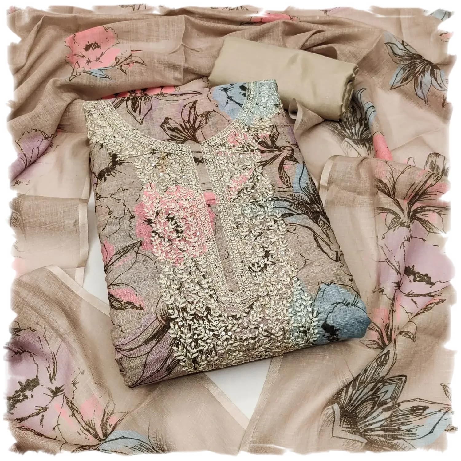Women's Cotton Digital Print With Embroidery Work Unstitched Salwar Suit Dress Material-image-33