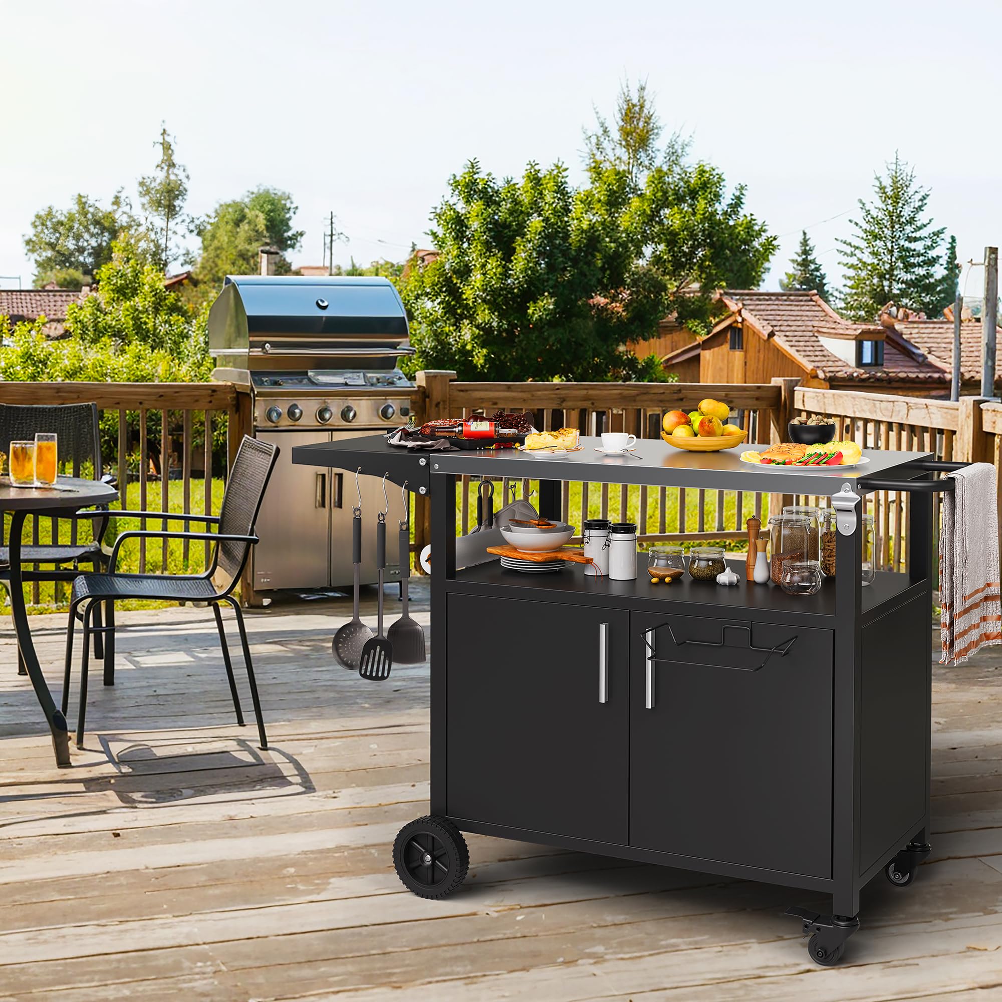 ShintenchiOutdoor Grill Cart Table with Stainless Steel Top for Kitchen Prep and BBQ, Outdoor Kitchen Island Table with Side Handle, Multifunctional Outdoor Grill Table, Black