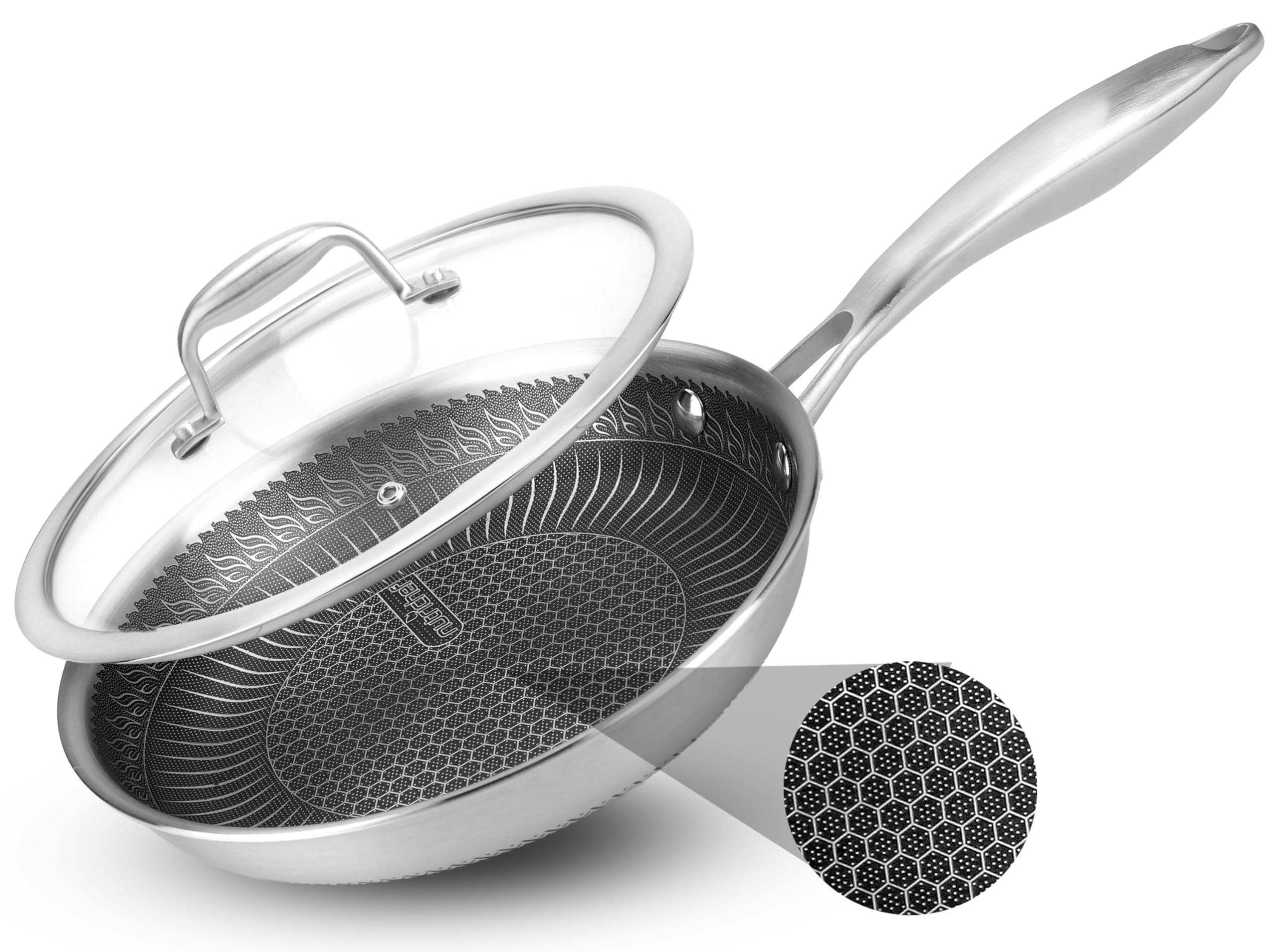 NutriChef 8" Stainless Steel Frying Pan with Lid -Triply Kitchenware Stir Fry Pan Kitchen Cookware w/DAKIN Etching Nonstick Coating, Scratch-resistant Raised-up Honeycomb Fire Textured Pattern -NC3PL8