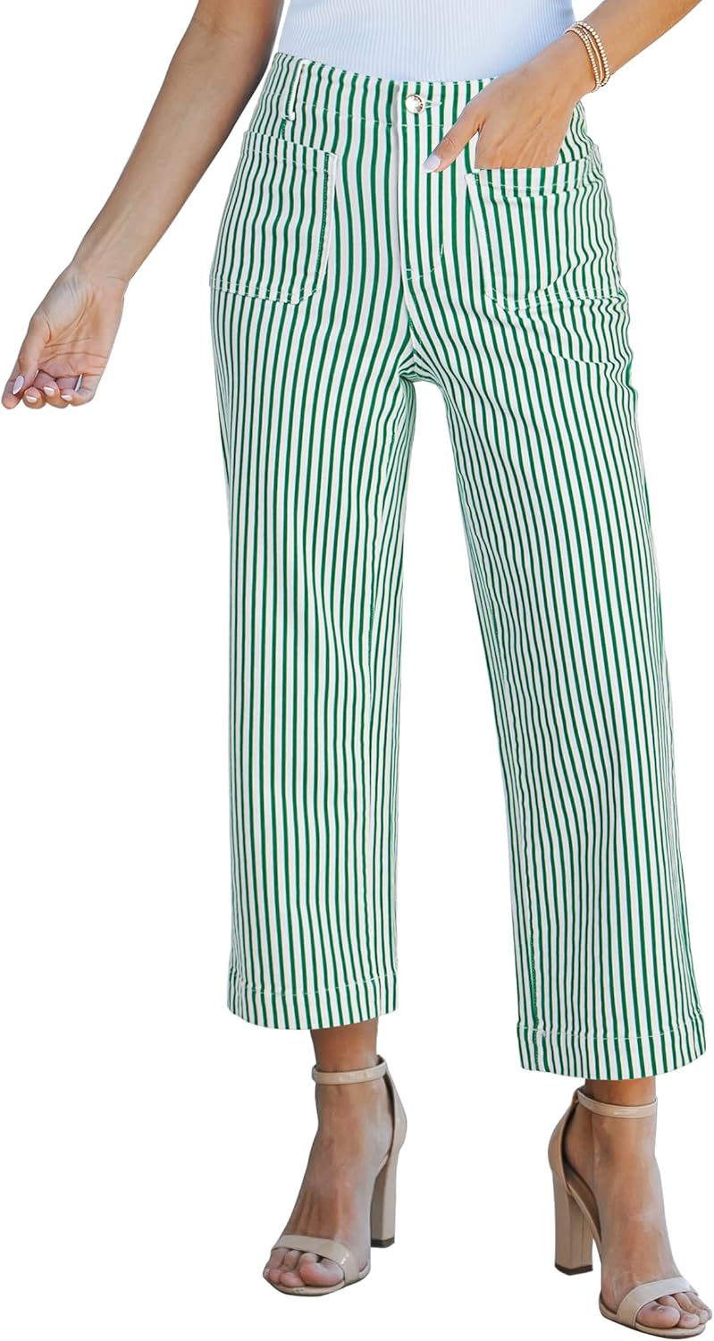 luvamia Striped Jeans for Women Trendy High Waisted Cropped Wide Leg Pants Stretchy Denim Patch Pocket Pinstripe Pants