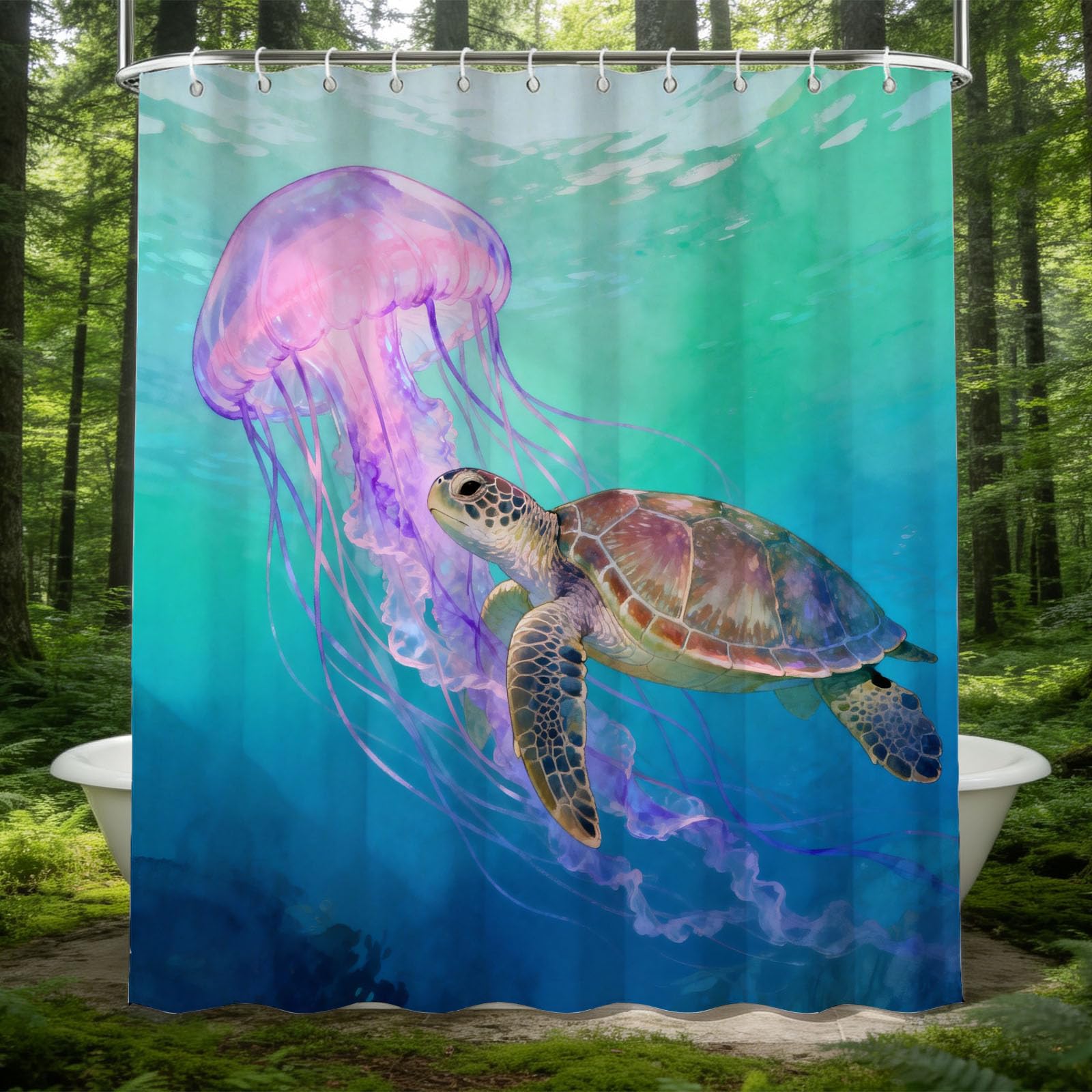 Hongduo White 3D Turtle Jellyfish Shower Curtain For Stalls Bathtubs Sea Animal Pattern Bathroom Decor Shower Curtain Set Polyester Fabric Waterproof 200X200cm/79X79 Inch With Hooks