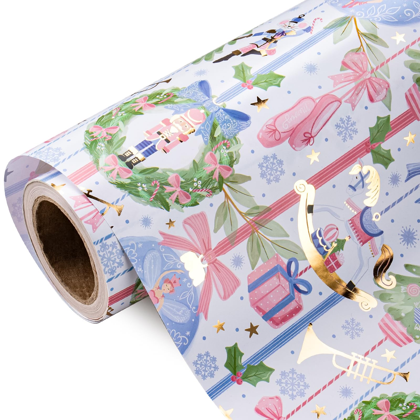 RUSPEPA Nutcracker Christmas Wrapping Paper - Mini Roll - 43.2cm x 5m - Pastel Ballerina Ballet and Nutcracker Wrapping Paper for Girls Kids, Xmas, Winter Season