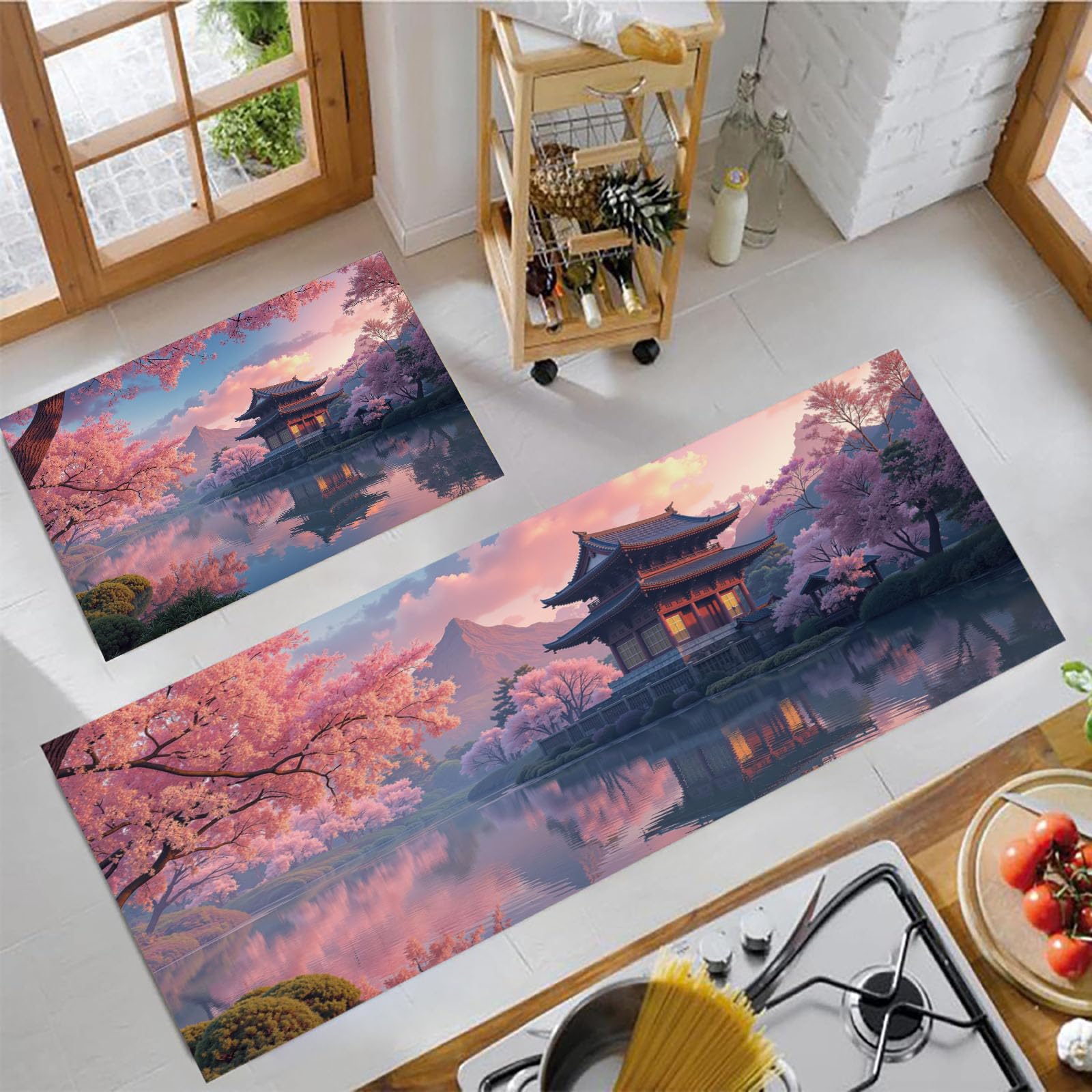 Acquerello Giapponese Set di Tappetini da Cucina Antiscivolo in 2 Pezzi, Tappetini Tempio Dei Ciliegi In Fiore Lavabili per Corridoio Sala da Pranzo e Ingresso, 50x80+50x150cm