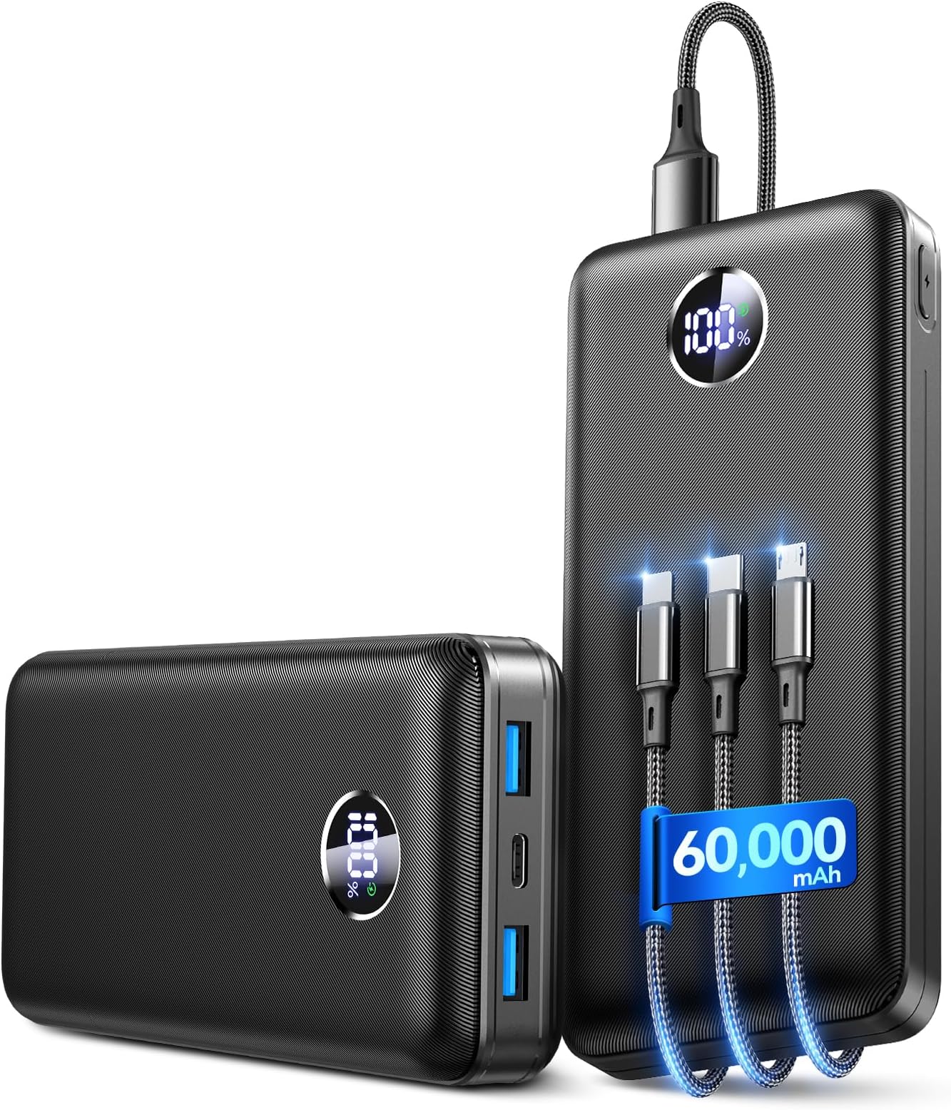 Portable Charger Power Bank - 60,000mAh Battery Pack, 22.5W Fast Charging Phone Charger Attached USB-C/iOS/Micro-USB Cable, Powerbank for iPhone 17 16 15 14 13 Samsung, for Travel Camping Essentials