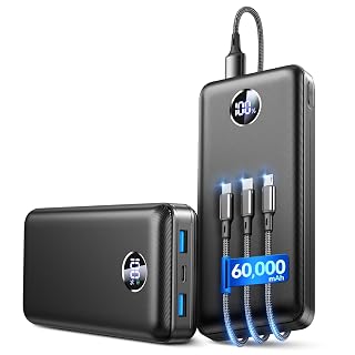 Portable Charger Power Bank - 60,000mAh Battery Pack, 22.5W Fast Charging Phone Charger Attached USB-C/iOS/Micro-USB Cable, Powerbank for iPhone 17 16 15 14 13 Samsung, for Travel Camping Essentials - Amazon product rated Grade A