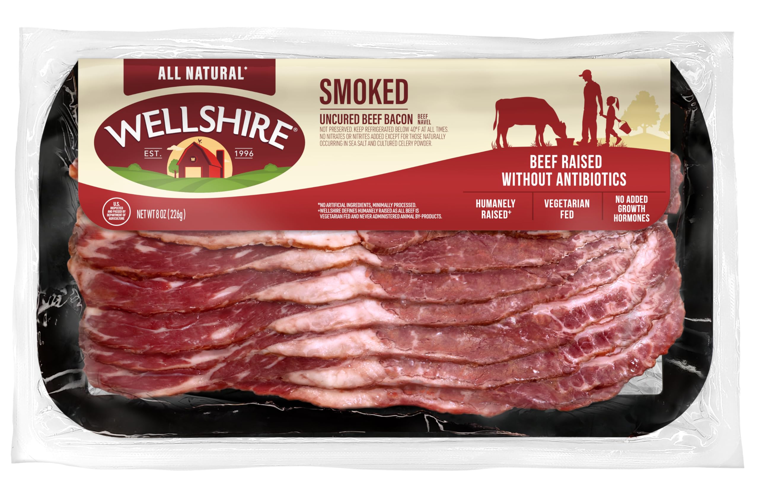 Wellshire Farms 8oz Uncured Smoked Beef Bacon – Made from Pasture-Raised Beef with No Antibiotics or Added Hormones, Bold Flavor and Ready to Serve
