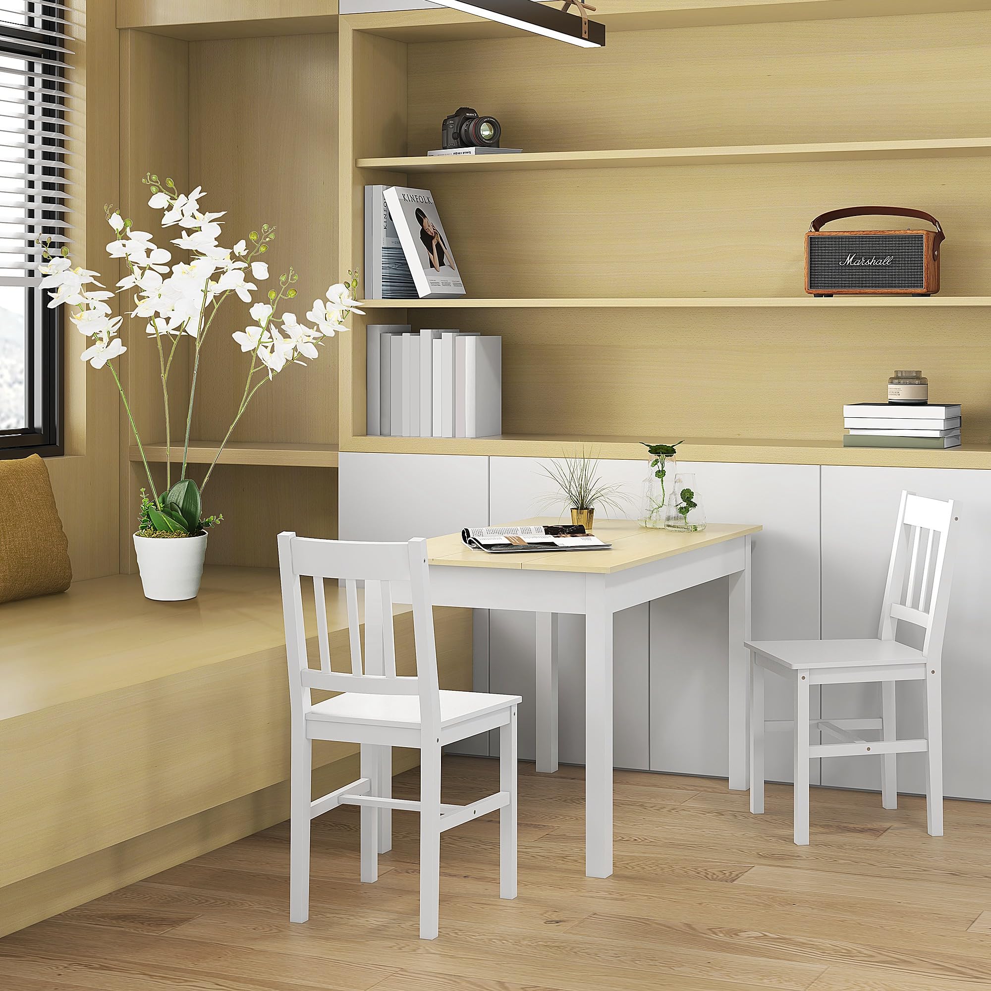 HOMCOM Juego de 2 Sillas de Comedor de Madera Maciza de Pino, Sillas de Cocina con Respaldo de Listones, Asiento Amplio, para Salón, Blanco