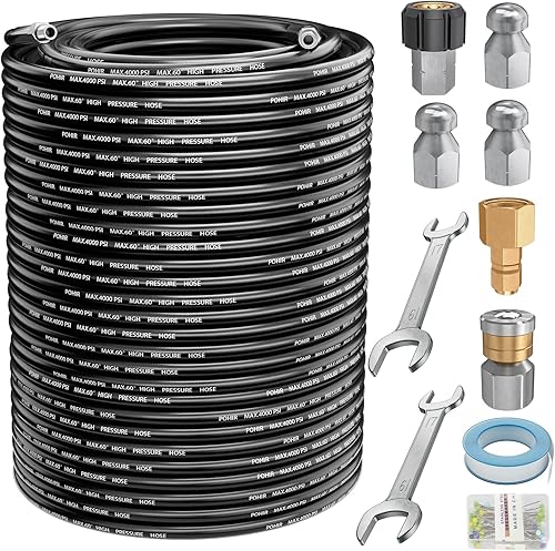 Miniatura 1 de POHIR Kit de chorro de alcantarillado de 150 pies para lavadora a presión 4000PSI Kit de limpieza de drenaje hidrojet con botón de nariz de 14