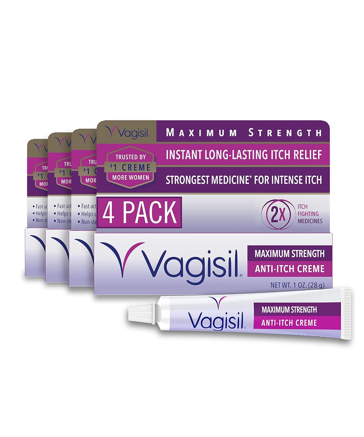 Vagisil Maximum Strength Feminine Anti-Itch Cream with Benzocaine for Women, Helps Relieve Yeast Infection Irritation, Gynecologist Tested, Fast-acting, Soothes and Cools Skin, 1 oz (Pack of 4) Vagisil Maximum Strength Feminine Anti-Itch Cream with Benzocaine for Women, Helps Relieve Yeast Infection Irritation, Gynecologist Tested, Fast-acting, Soothes and Cools Skin, 1 oz (Pack of 4)
