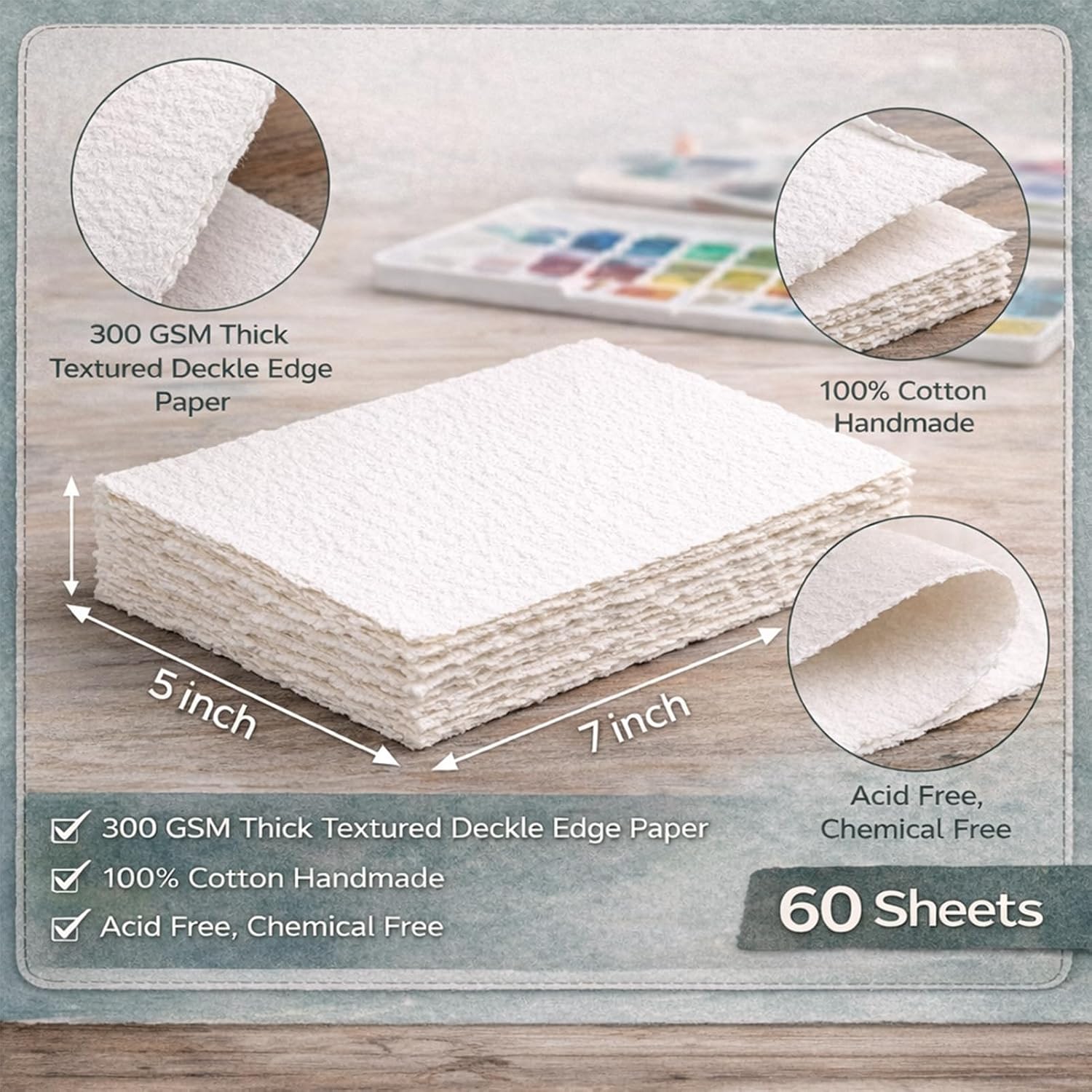 60 Sheets 300 GSM White Cotton Watercolor Paper, 5 x 7 inch Textured Deckled Edge, Ideal for Wedding Invitation, Watercolors, Cards, Crafts
