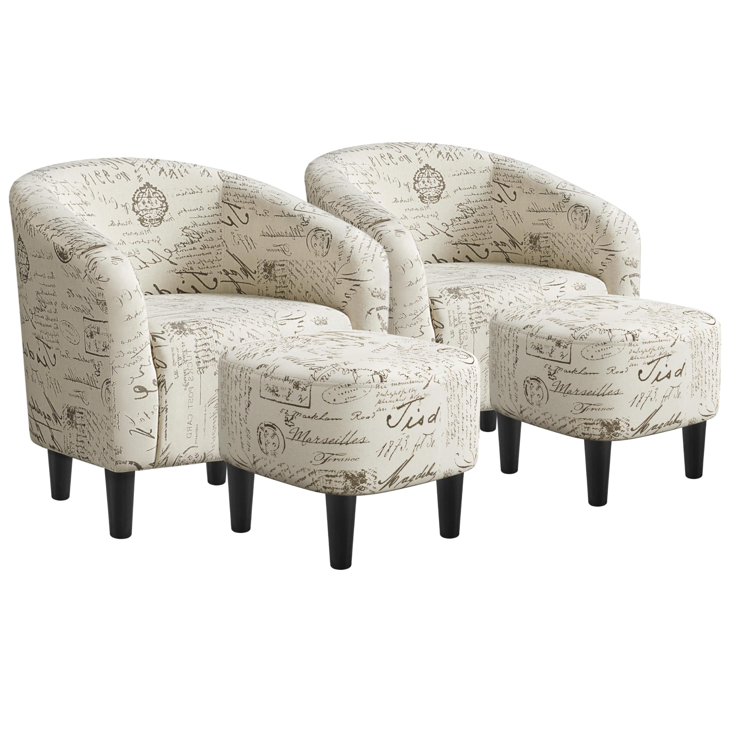 Yaheetech Accent Chair with Foot Rest, Mid Century Modern Upholstered Soft Barrel Chair, Comfy Fabric Armchair and Footrest Set for Living Room/Bedroom/Reading Room, Set of 2 Letter Print