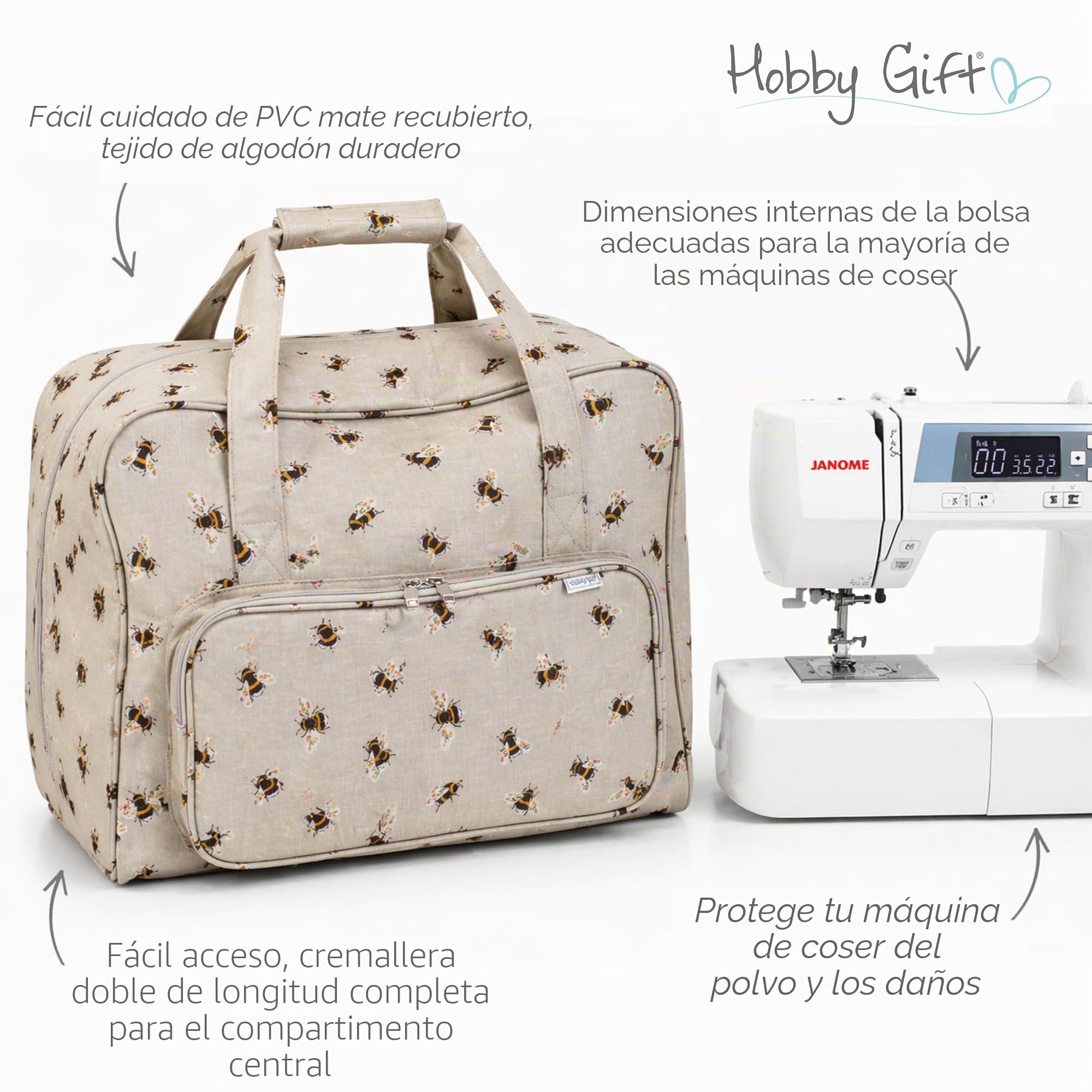 Hobby Gift Bolsa para Máquina de Coser, Bolsa Acolchada Resistente con Cremallera, Bolsa Grande Impermeable para Almacenaje de Costura, 20 x 44 x 38 cm, Abeja